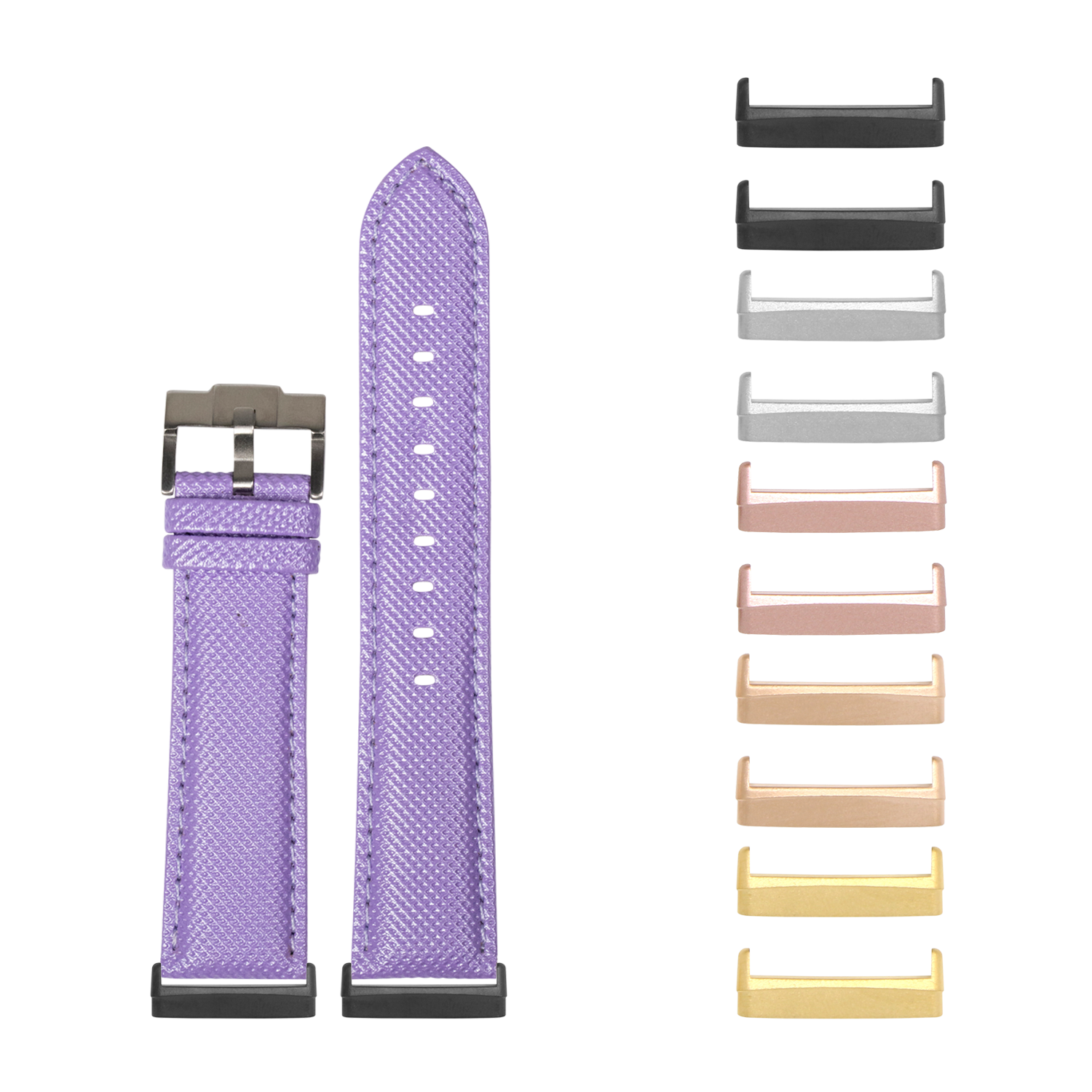 Purple sailcloth watch band with interchangeable metal lugs for Fitbit Versa and Sense smartwatches, shown with multiple color options