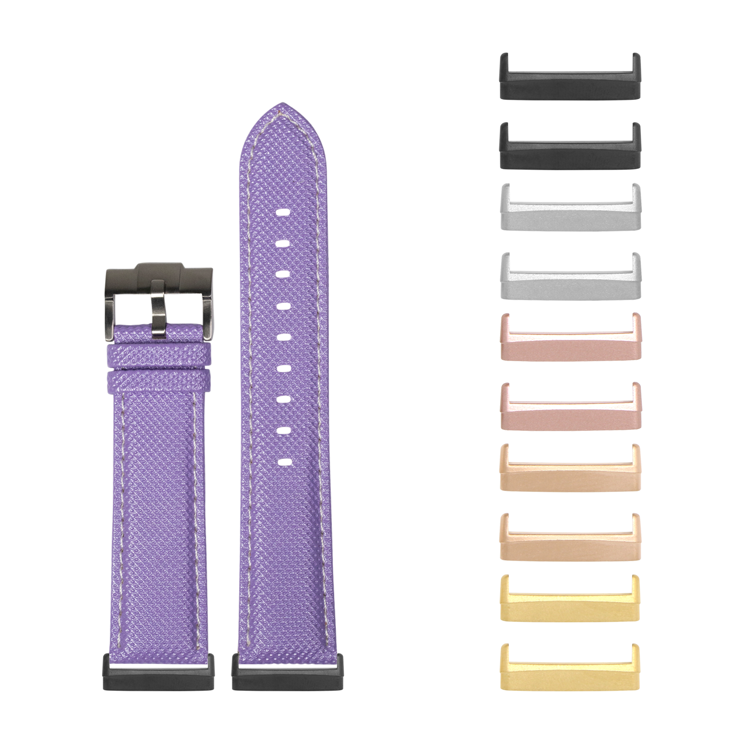 Lavender sailcloth watch band with white stitching and interchangeable metal connectors in multiple finishes for Fitbit Versa and Sense