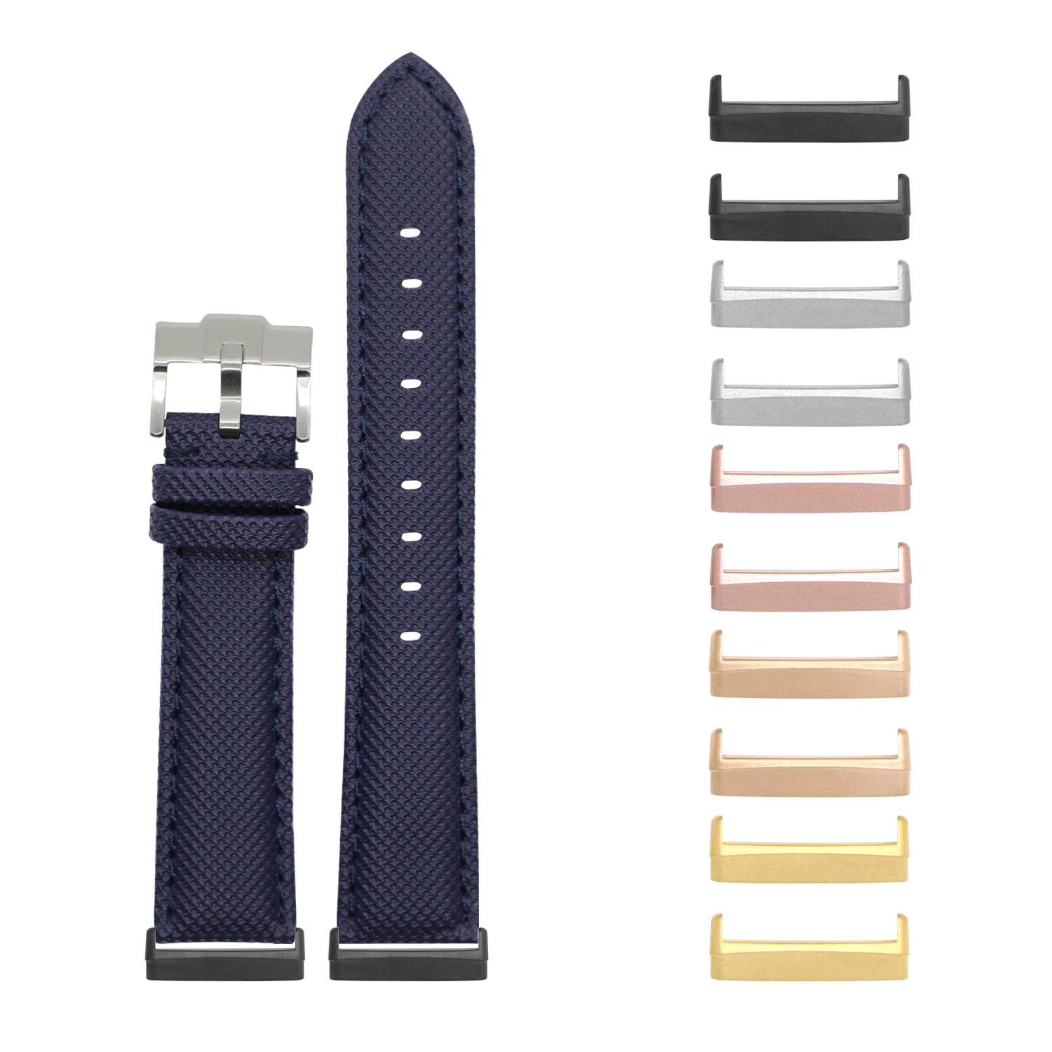 Navy blue sailcloth watch band with interchangeable metal lugs for Fitbit Versa and Sense smartwatches