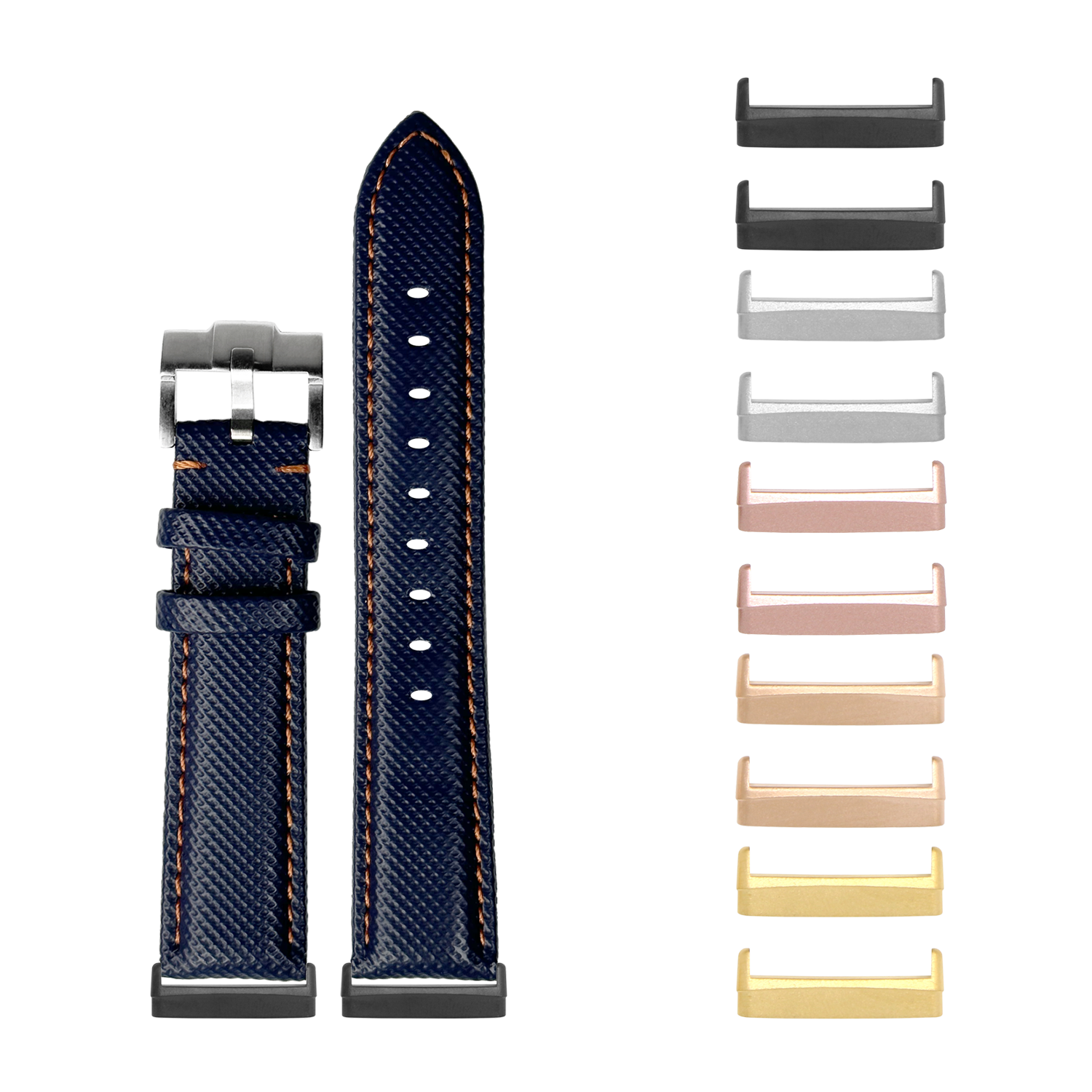 Navy blue sailcloth watch band with orange stitching and interchangeable metal lugs in multiple finishes