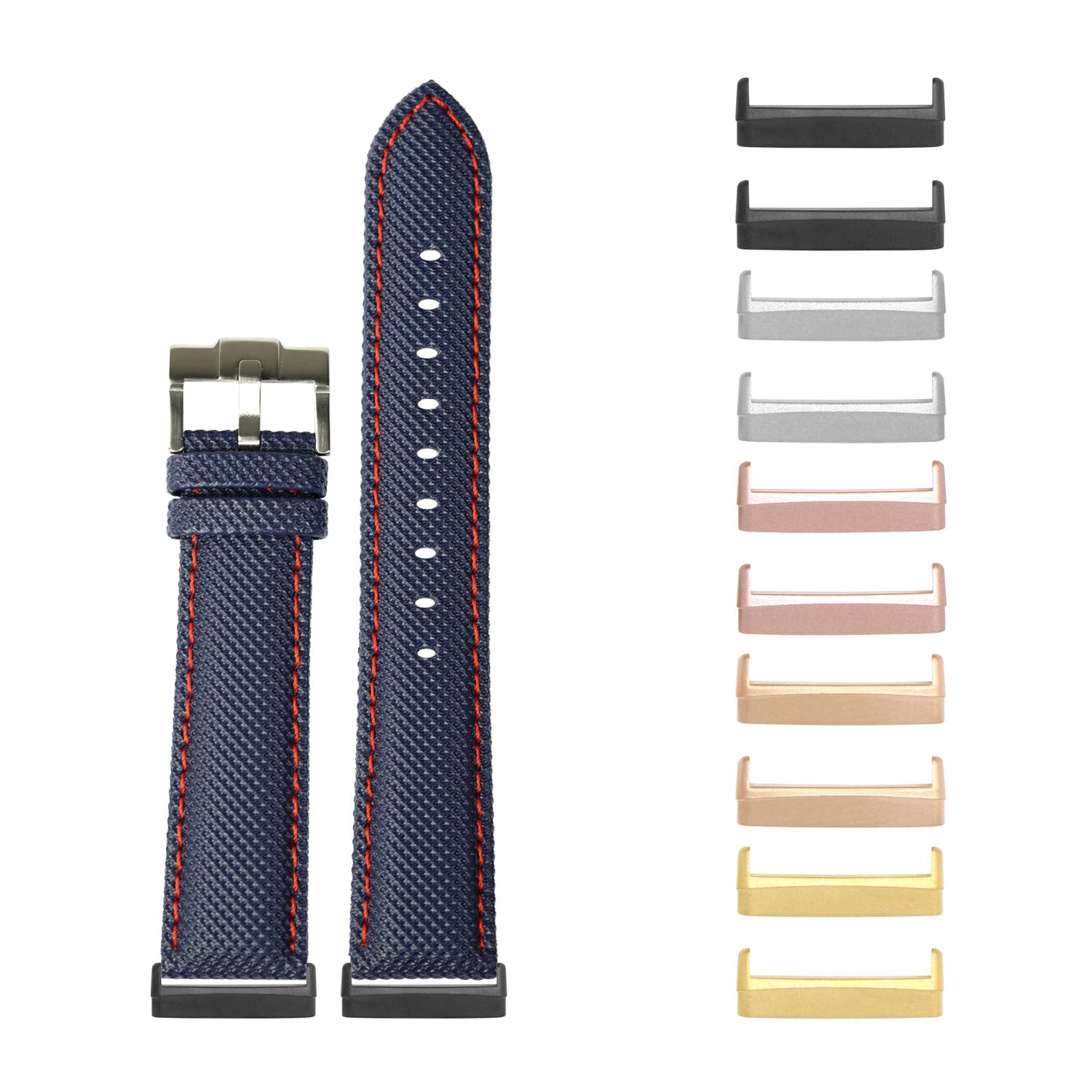 Navy blue sailcloth watch band with red stitching and interchangeable metal buckles in multiple finishes for Fitbit Versa and Sense