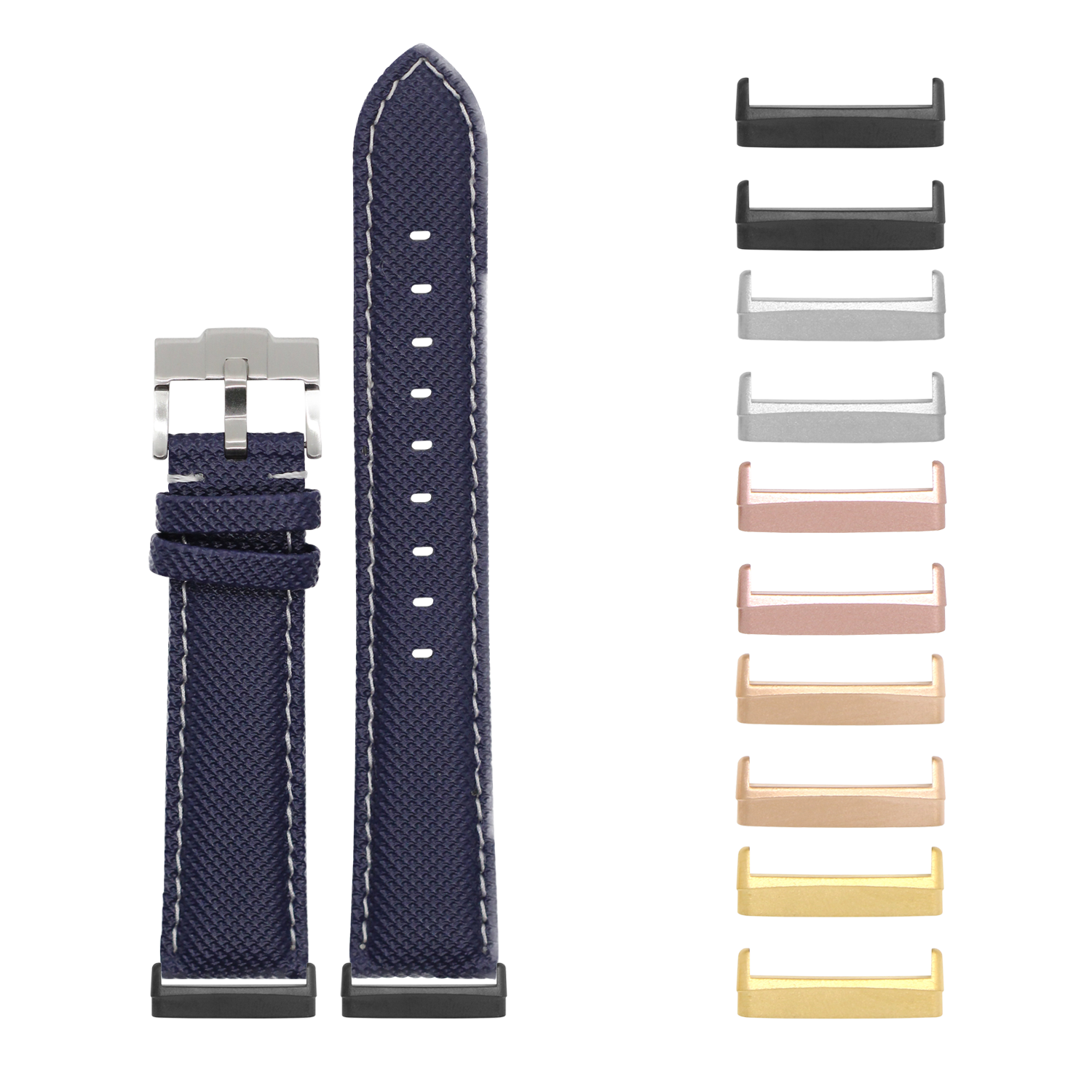 Navy blue sailcloth watch band with white stitching and interchangeable metal hardware in multiple finishes for Fitbit Versa and Sense