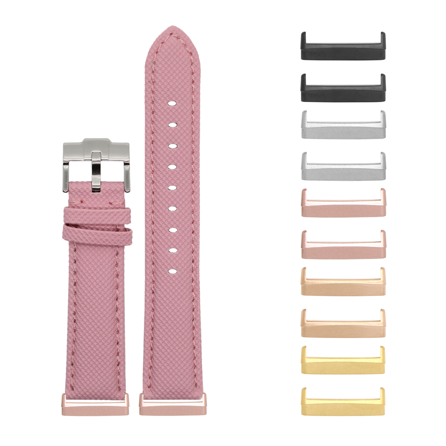 Pink sailcloth watch band for Fitbit Versa 3, Versa 4, Sense 1, and Sense 2 with stainless steel buckle and interchangeable metal lugs