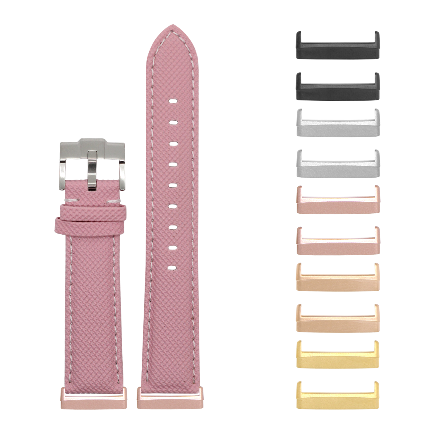 Pink sailcloth smartwatch band with white stitching and interchangeable metal lugs in multiple colors for Fitbit Versa and Sense