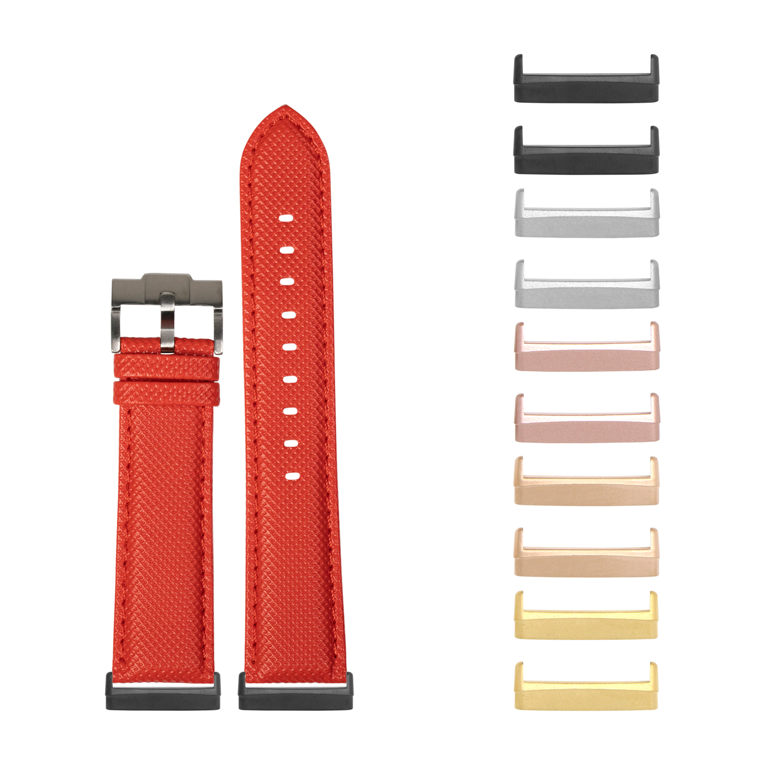 Red sailcloth watch band for Fitbit Versa 3, Versa 4, Sense 1 and Sense 2 with interchangeable metal connectors in multiple colors