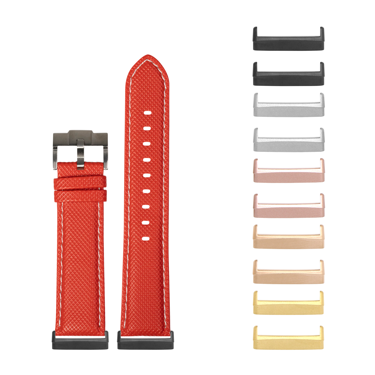 Red sailcloth smartwatch band with white stitching and interchangeable metal connectors in multiple finishes