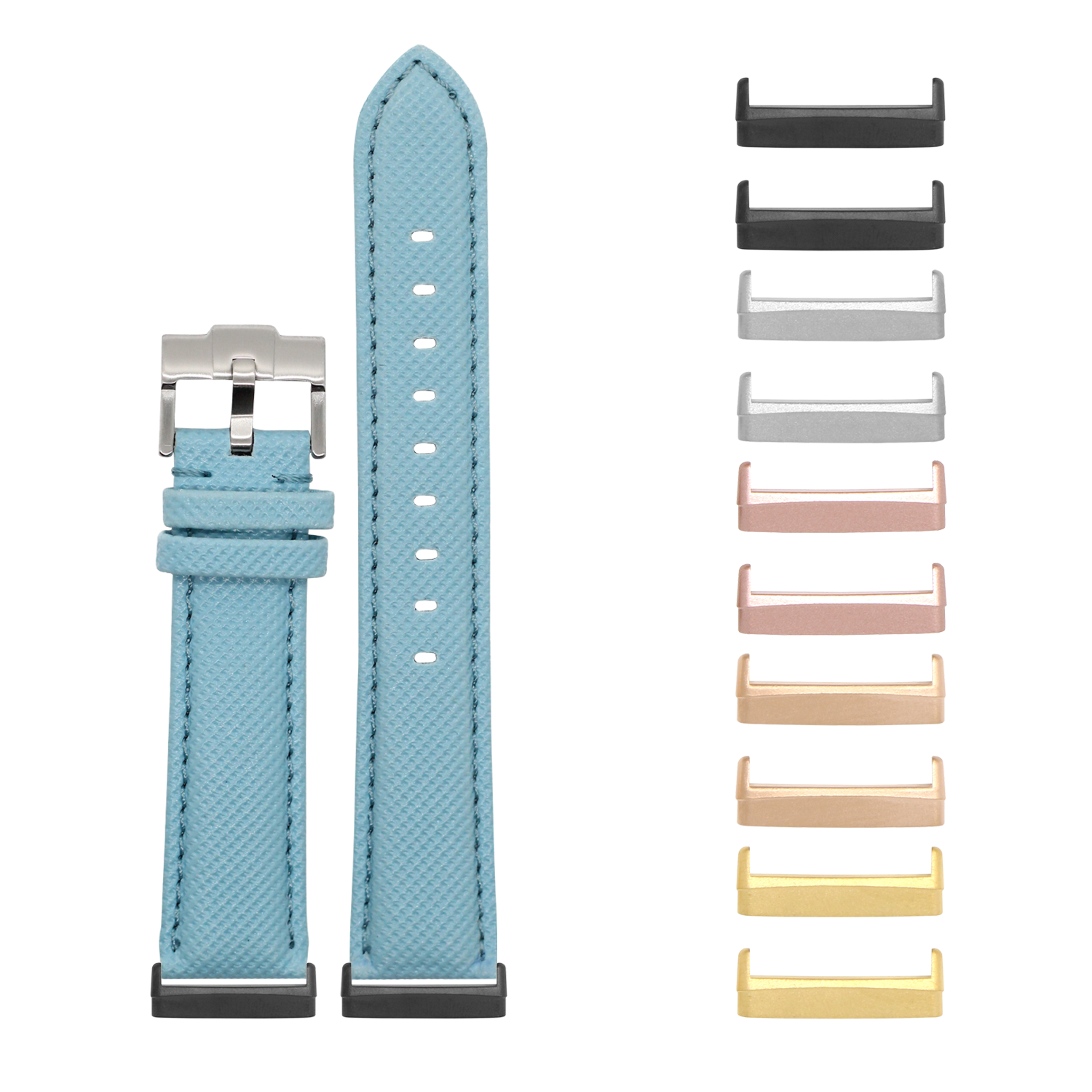 Light blue sailcloth watch band for Fitbit Versa and Sense with interchangeable metal lugs in multiple colors