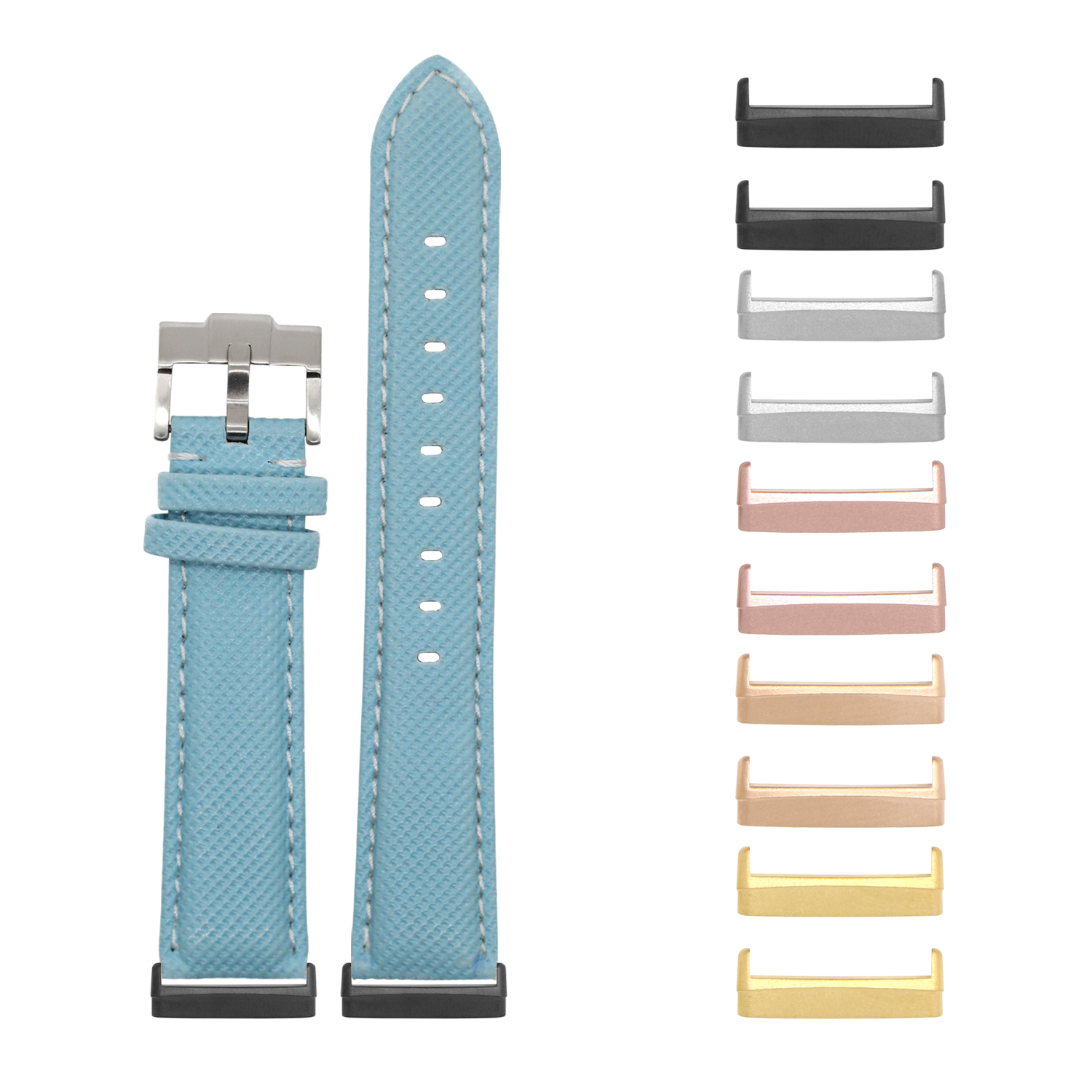 Light blue sailcloth watch band with white stitching for Fitbit Versa and Sense smartwatches, shown with interchangeable metal hardware in multiple colors