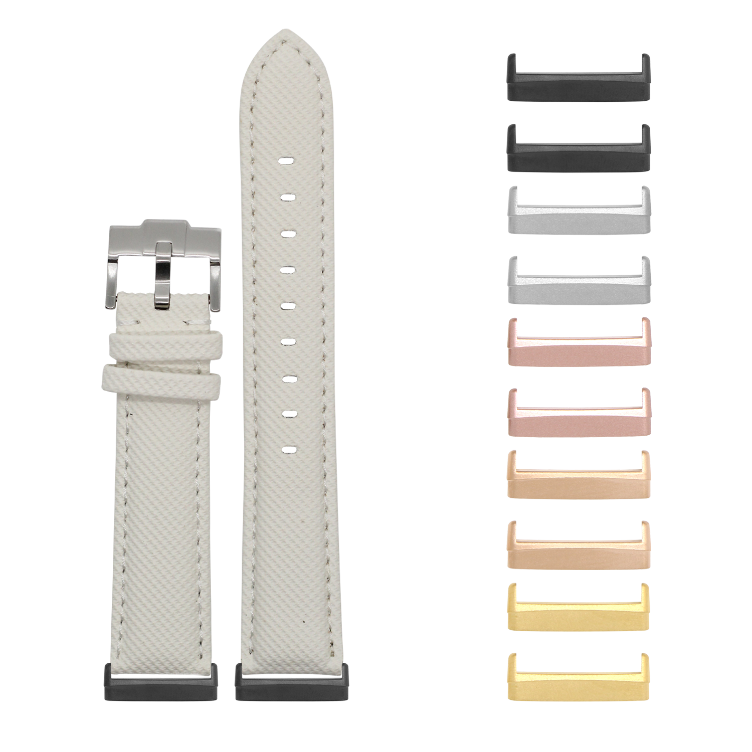 White sailcloth watch band with stainless steel buckle for Fitbit Versa 3, Versa 4, Sense 1 and Sense 2, shown with interchangeable metal bezels in multiple colors