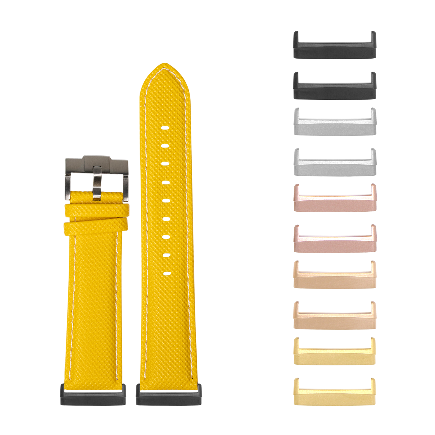 Yellow sailcloth watch band with white stitching and interchangeable metal buckles in multiple finishes for Fitbit Versa and Sense