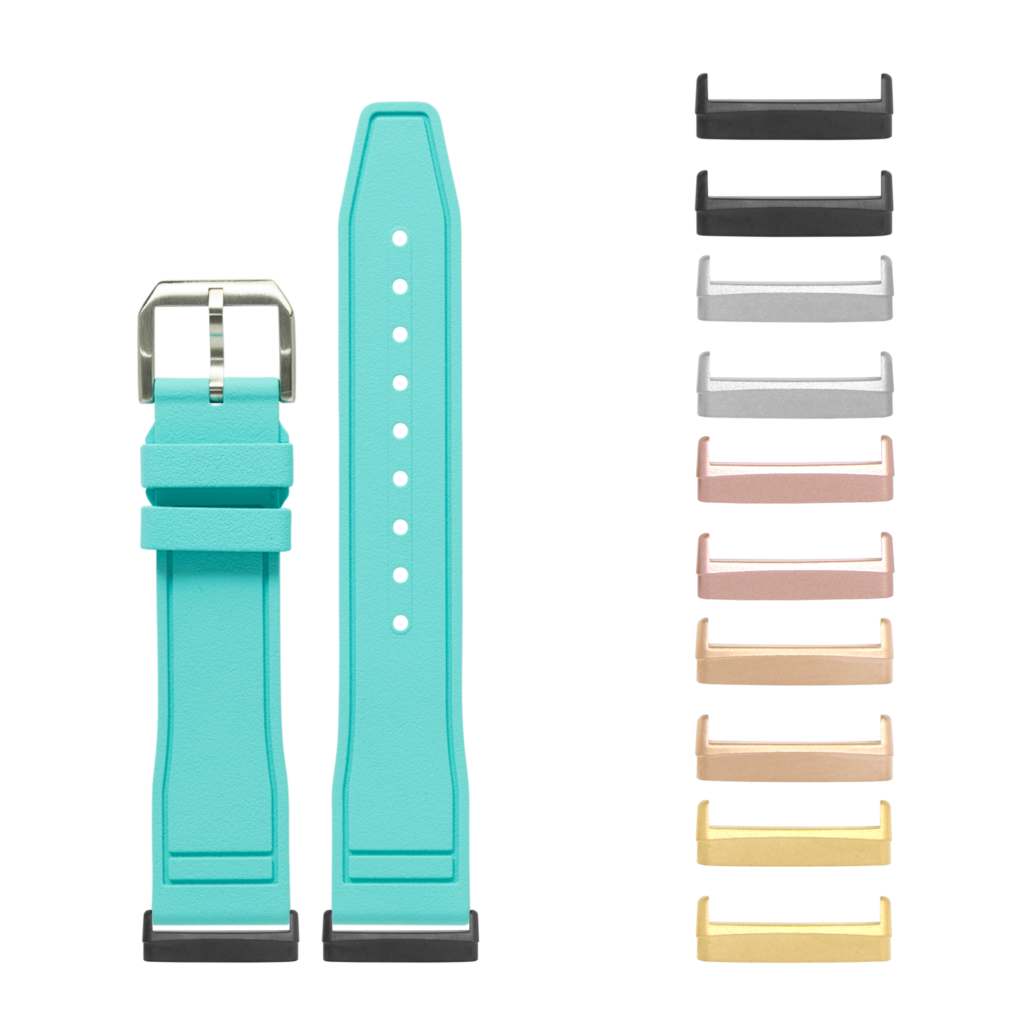 Turquoise FKM rubber watch band with silver buckle and interchangeable metal adapters in multiple colors for Fitbit Versa and Sense smartwatches