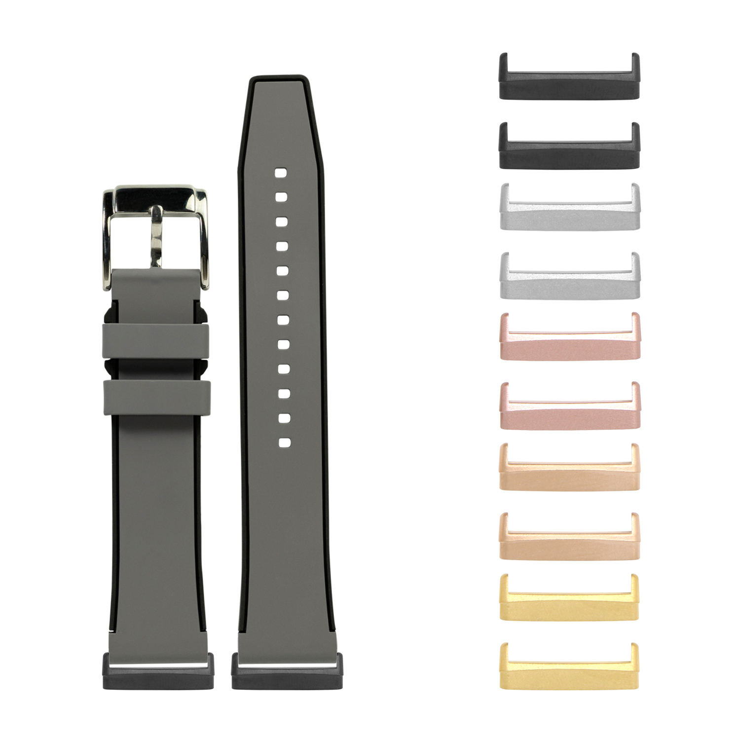 Gray silicone watch band with metal buckle and interchangeable colored metal bezels for Fitbit Versa and Sense smartwatches