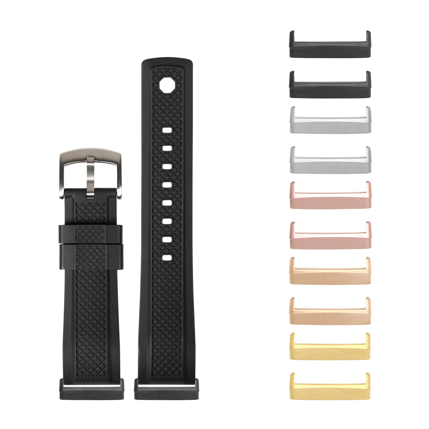 Black diamond-textured FKM rubber watch band and interchangeable metal lugs for Fitbit Versa 3, Versa 4, Sense 1 and Sense 2 smartwatches