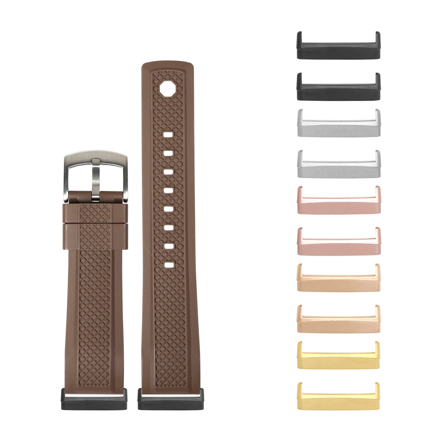 Brown FKM rubber smartwatch band with quilted texture and metal buckle, shown with interchangeable colored adapters in black, gray, rose gold, gold, and yellow finishes
