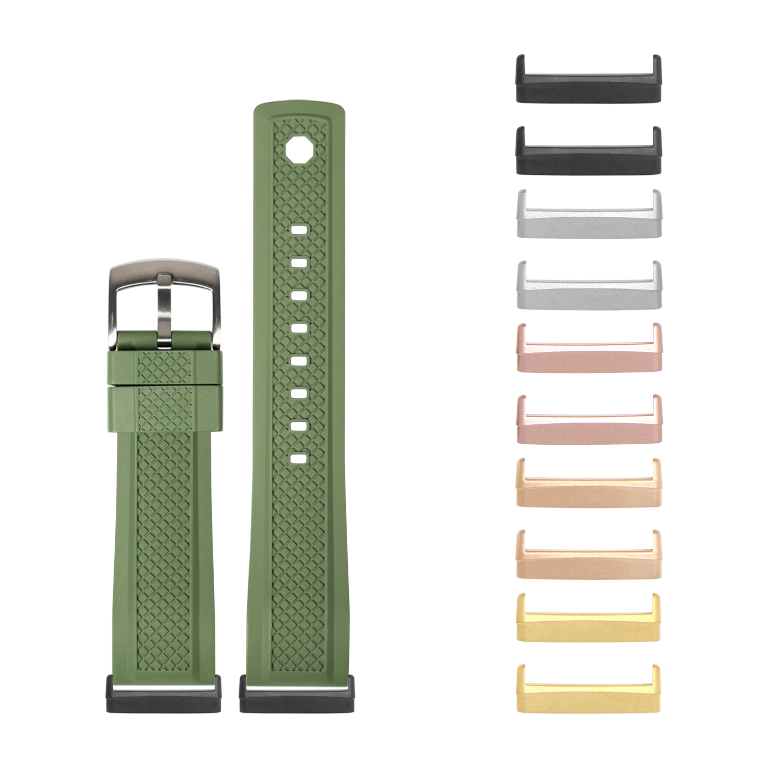 Green FKM rubber smartwatch band with quilted texture and interchangeable metal hardware in multiple finishes