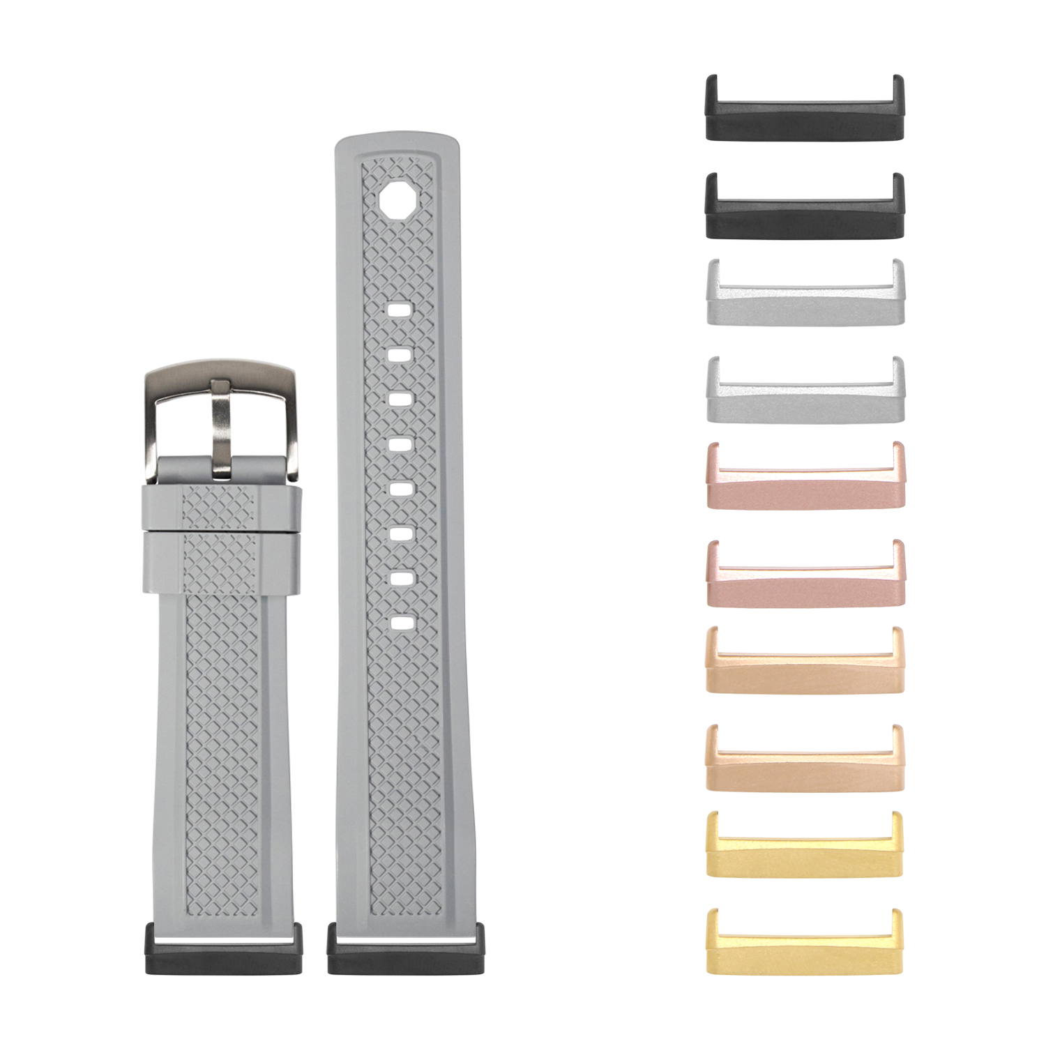 Grey textured FKM rubber watch band with interchangeable metal lugs for Fitbit Versa 3 4 Sense smartwatch