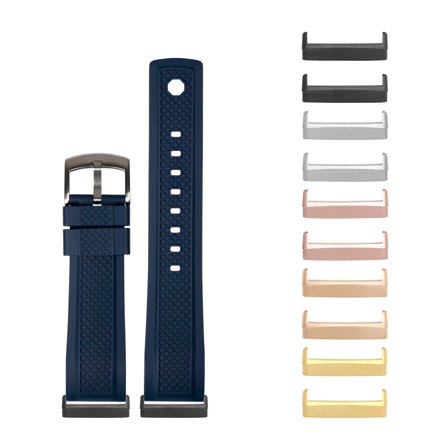 Navy blue silicone watch band with grid pattern texture and interchangeable metal lugs for Fitbit smartwatch