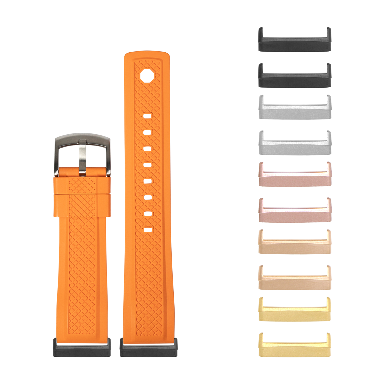 Orange rubber smartwatch band with quilted texture and metal buckle, shown with interchangeable metal loop connectors in multiple colors