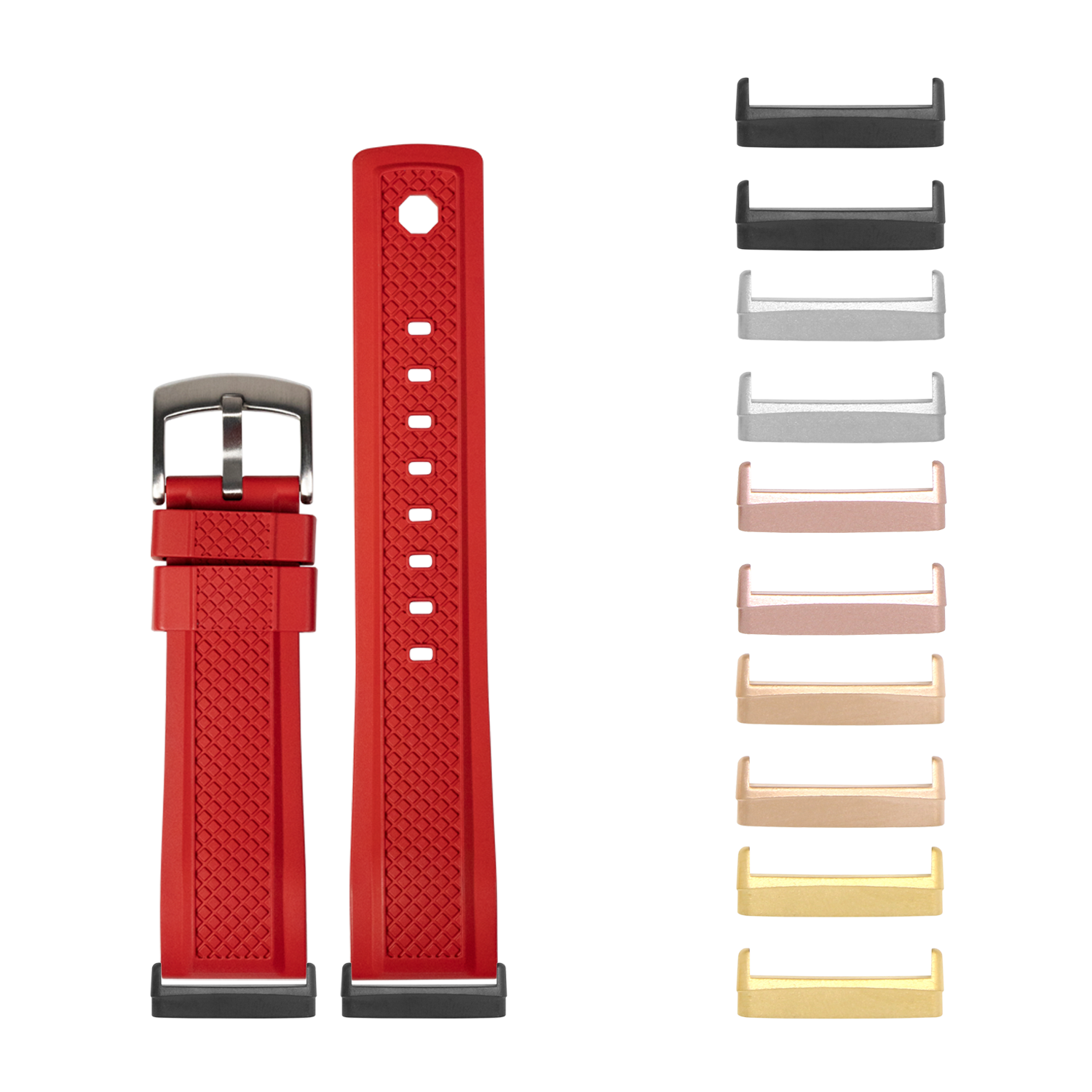 Red silicone watch band with buckle and interchangeable metal lugs in multiple colors for Fitbit Versa and Sense smartwatches