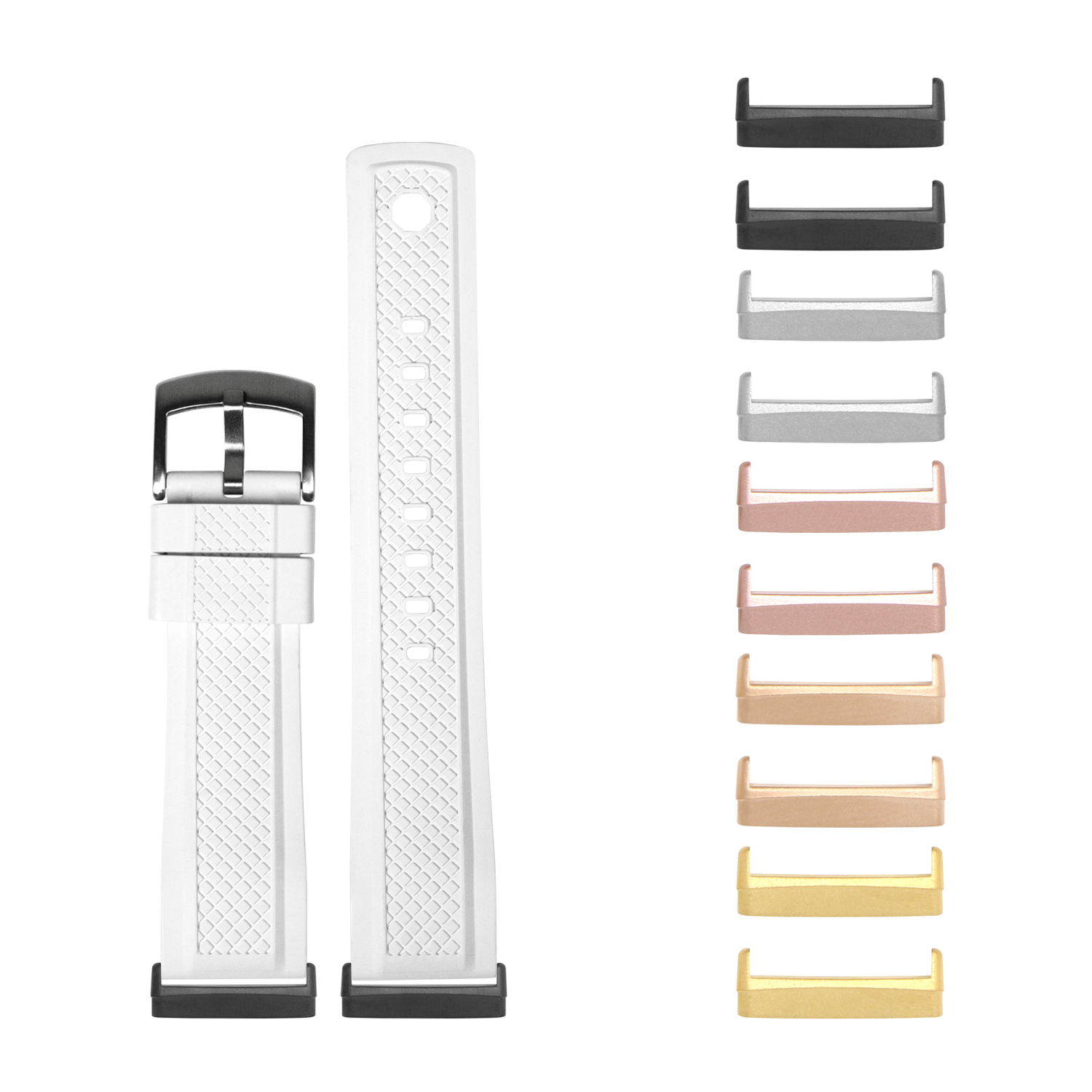 White textured rubber watch band with black buckle for Fitbit Versa and Sense smartwatches, shown with interchangeable metal lugs in multiple finish options