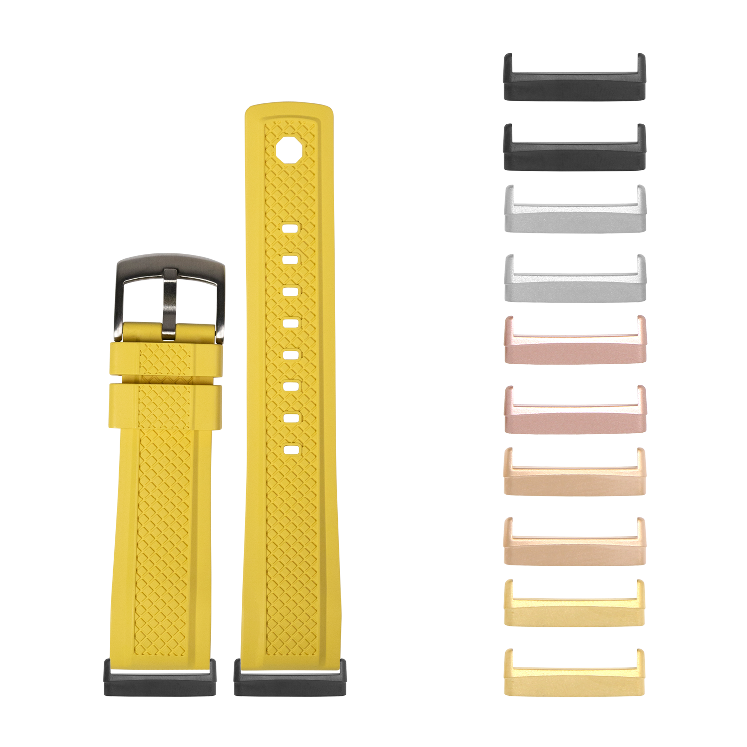 Yellow silicone watch band with black buckle and interchangeable lugs in multiple colors for Fitbit Versa and Sense smartwatches