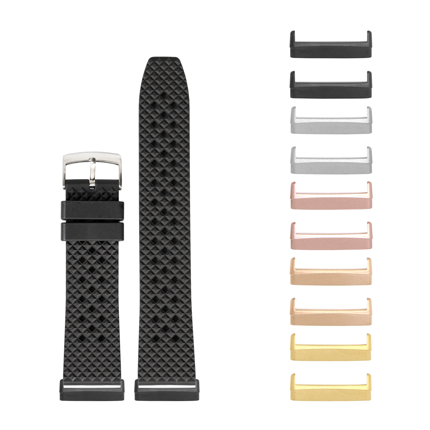 Black textured FKM rubber watch band with interchangeable metal lugs in multiple finishes for Fitbit Versa and Sense smartwatches