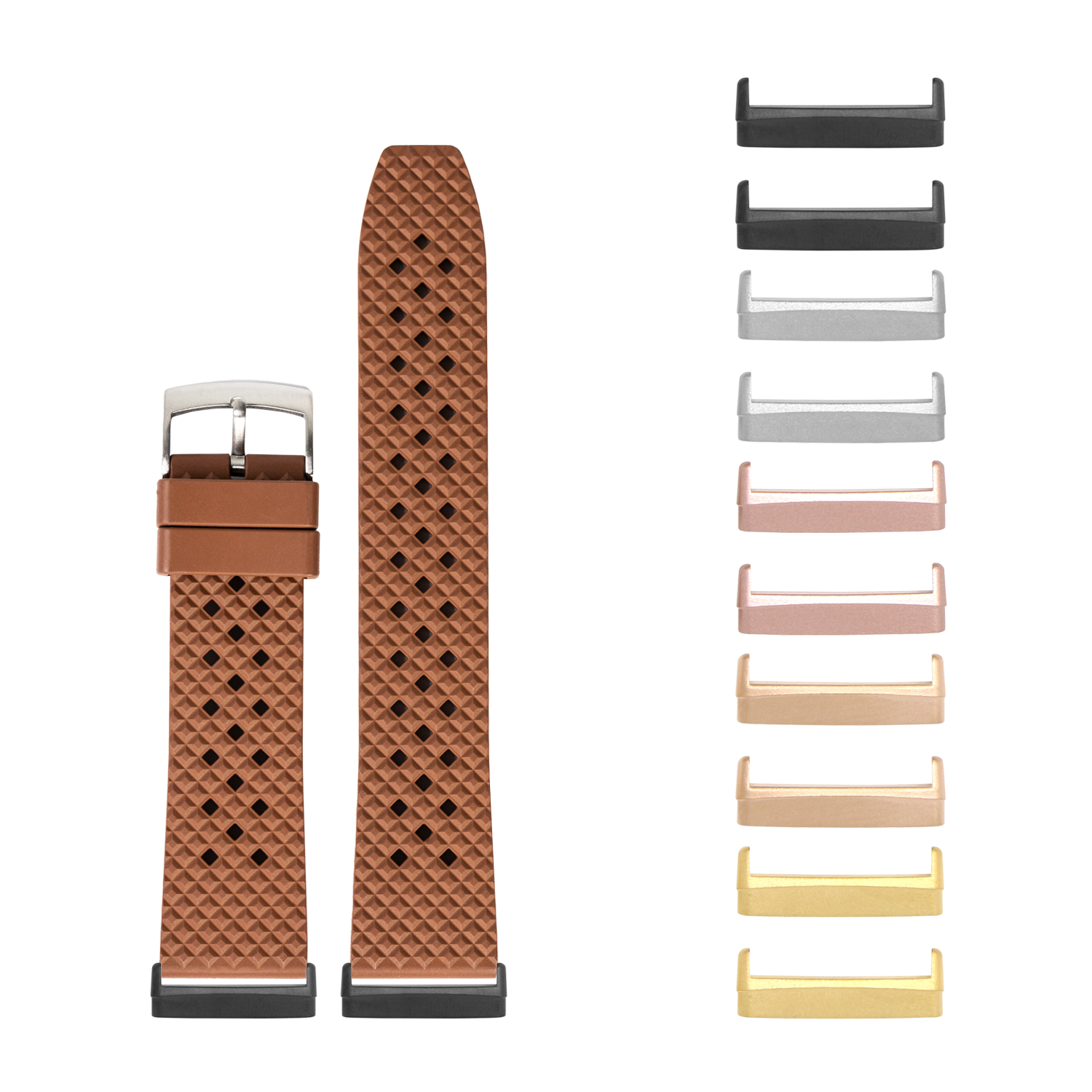 Brown quilted FKM rubber watch band for Fitbit Versa and Sense with interchangeable metal connectors in multiple finishes