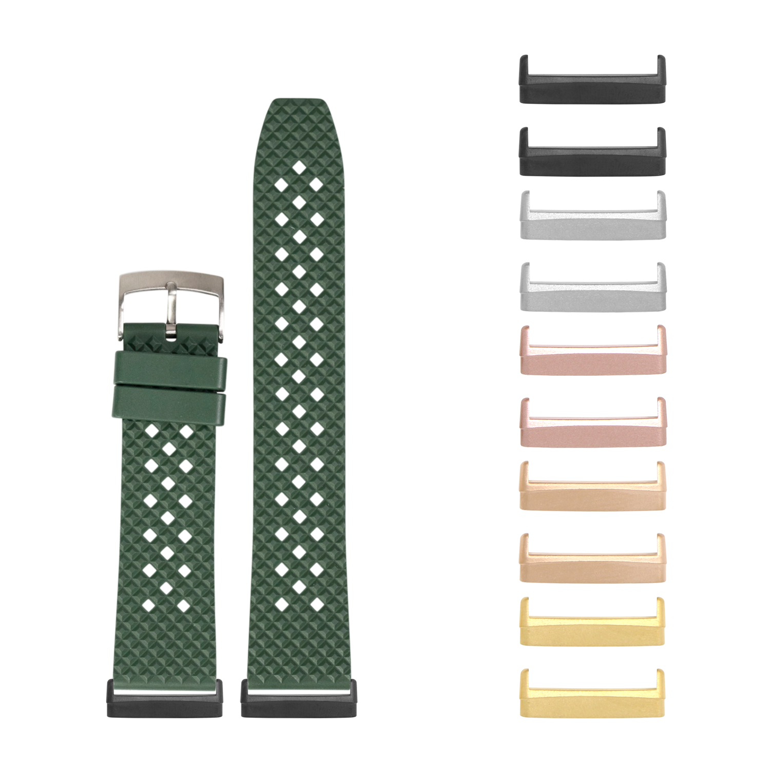 Green quilted FKM rubber smartwatch band with diamond pattern and interchangeable metal buckles in multiple colors for Fitbit Versa and Sense