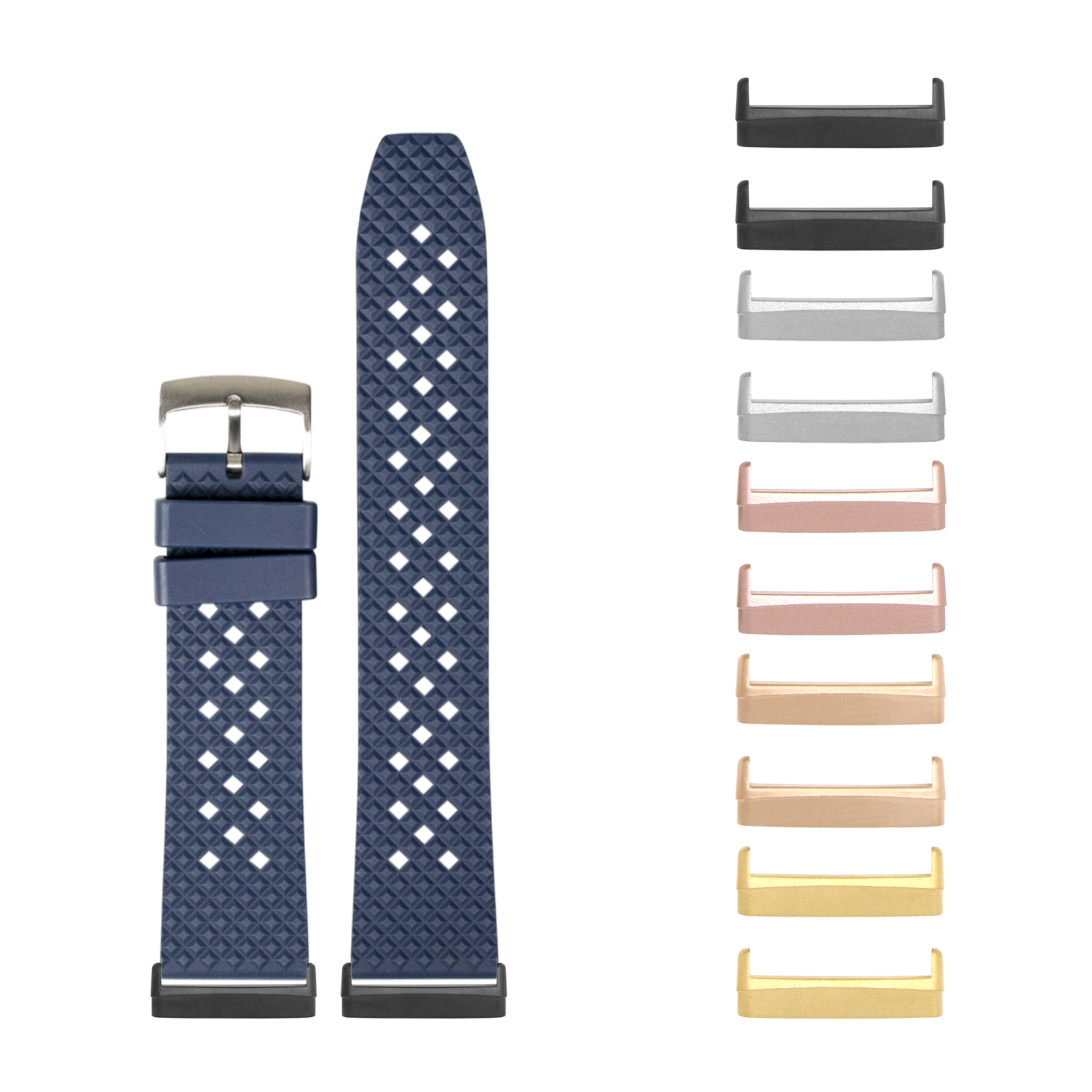 Navy blue honeycomb silicone watch band with white diamond pattern and interchangeable metal lugs in multiple finishes for Fitbit smartwatch