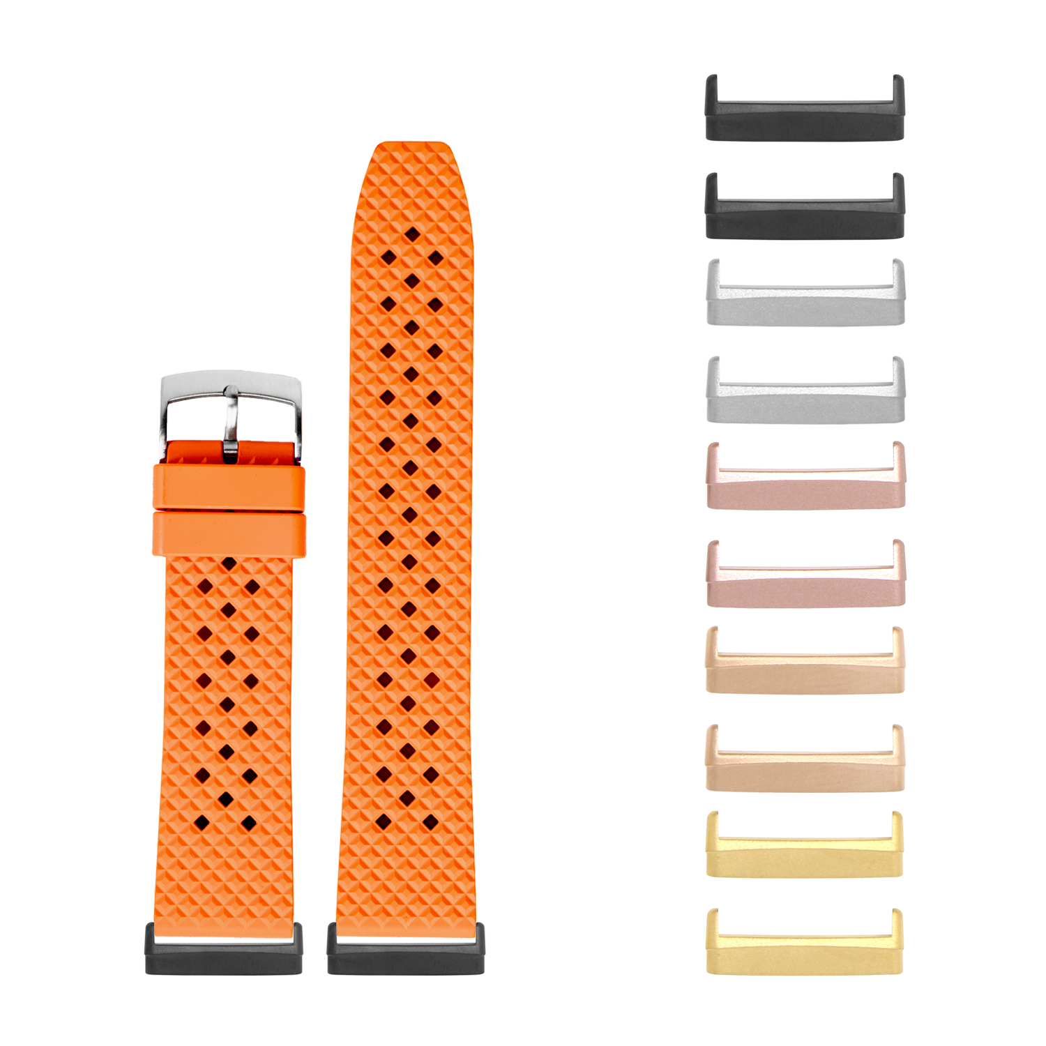 Orange honeycomb FKM rubber watch band with diamond pattern, interchangeable metal lugs in multiple colors