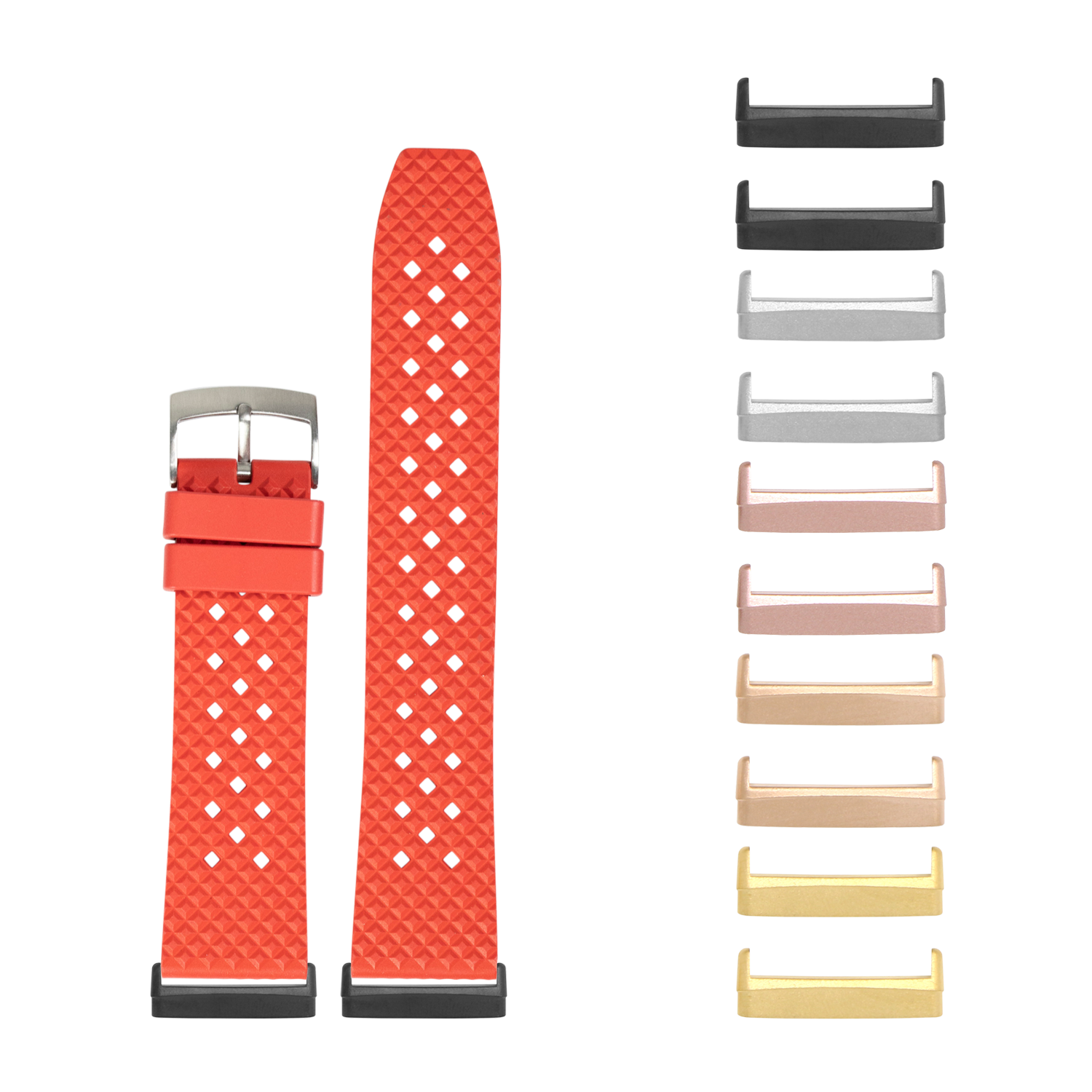 Red honeycomb FKM rubber smartwatch band with interchangeable metal lugs for Fitbit Versa and Sense watches