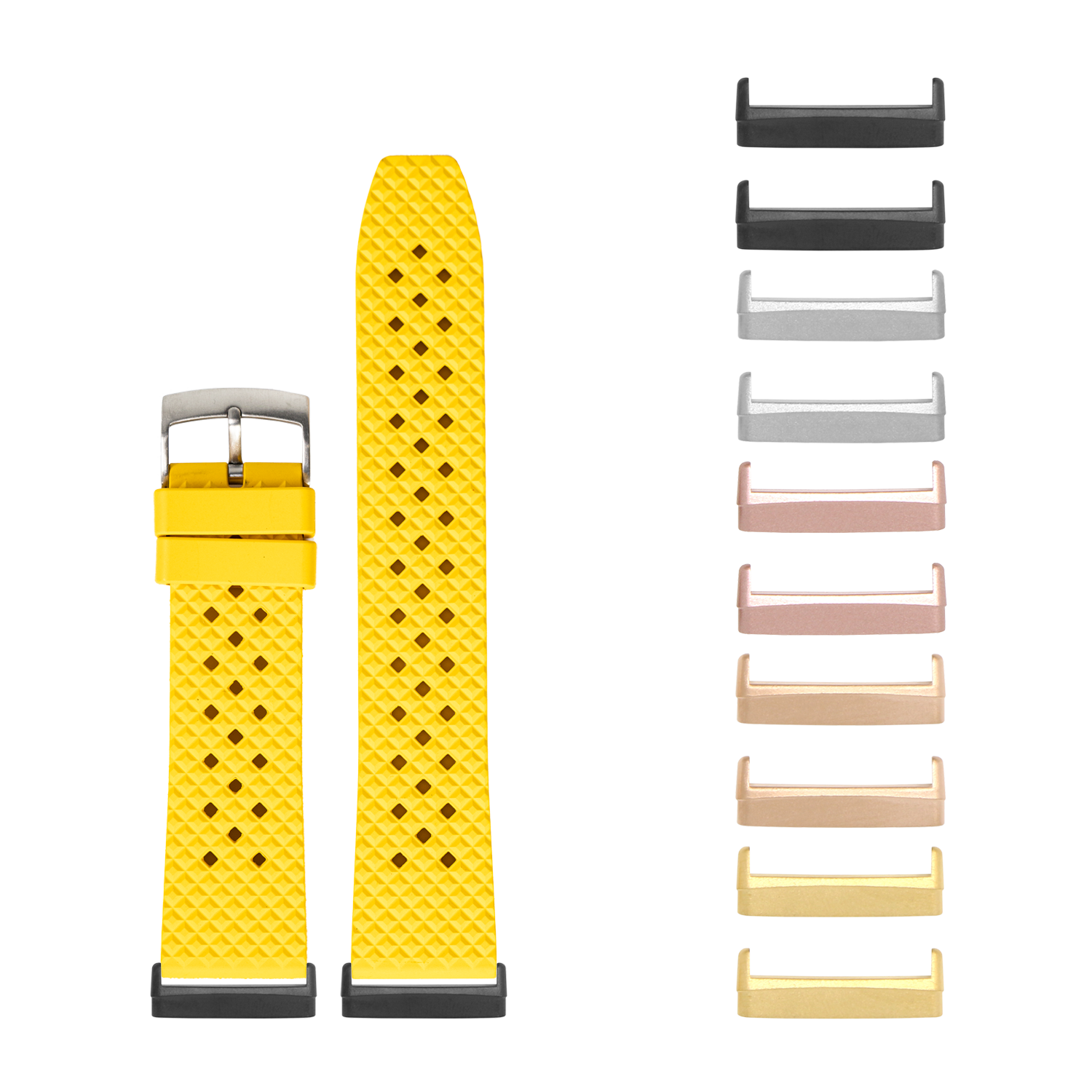 Yellow honeycomb FKM rubber watch band with diamond pattern and interchangeable metal lugs for Fitbit Versa and Sense smartwatches
