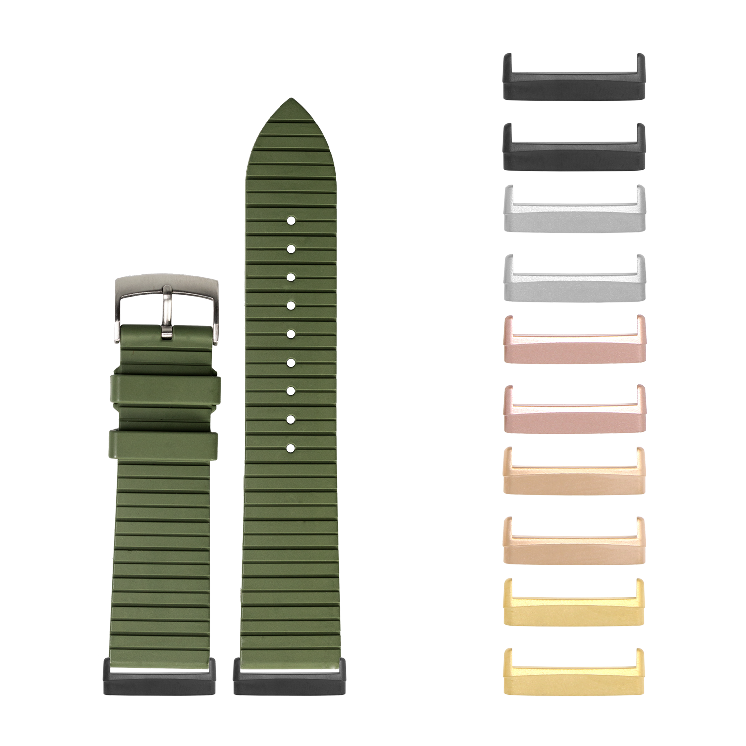 Green FKM rubber watch strap with stainless steel buckle and interchangeable lugs in multiple colors for Fitbit Versa and Sense smartwatches