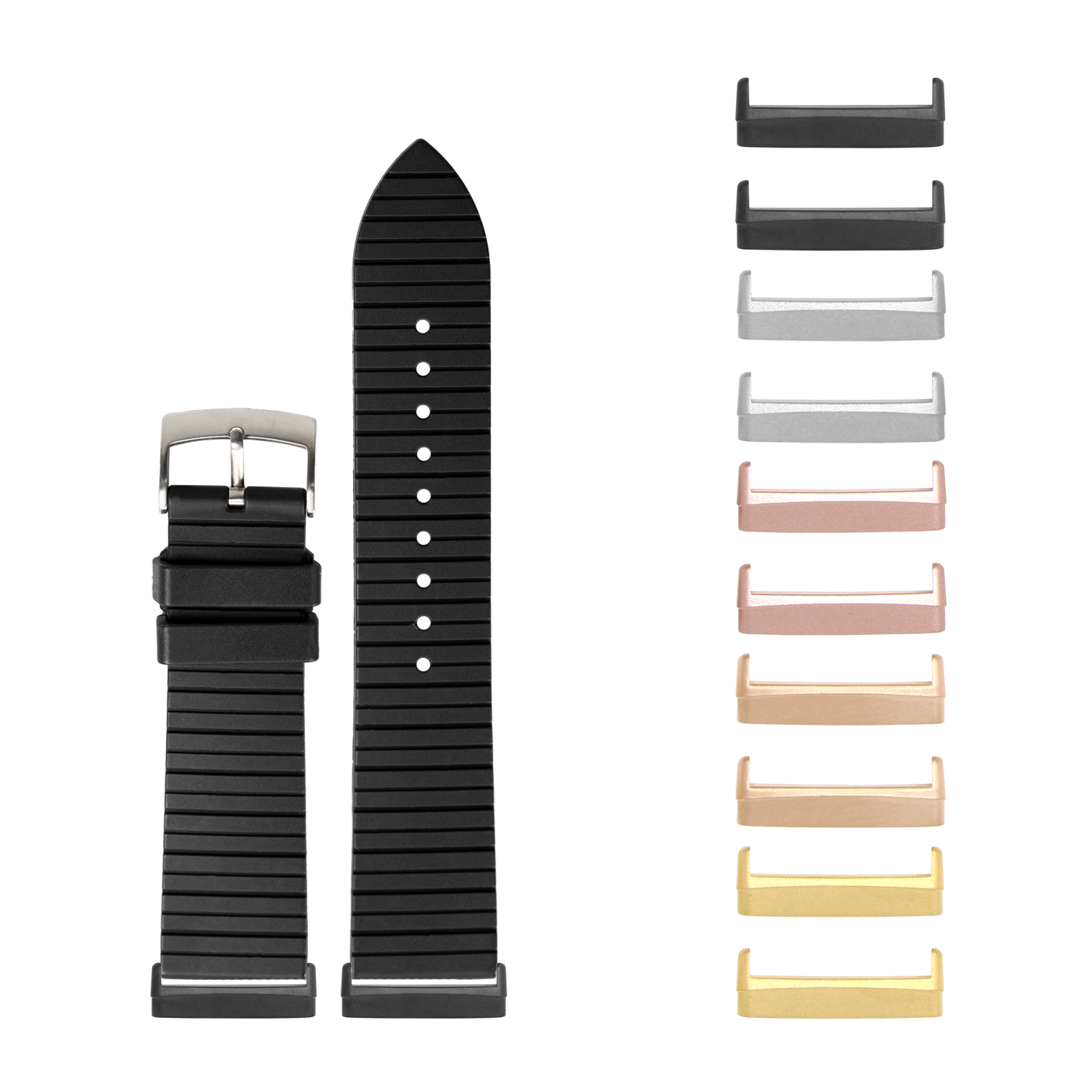 Black ribbed rubber watch band with metal buckle and interchangeable lugs in multiple finishes for Fitbit Versa and Sense