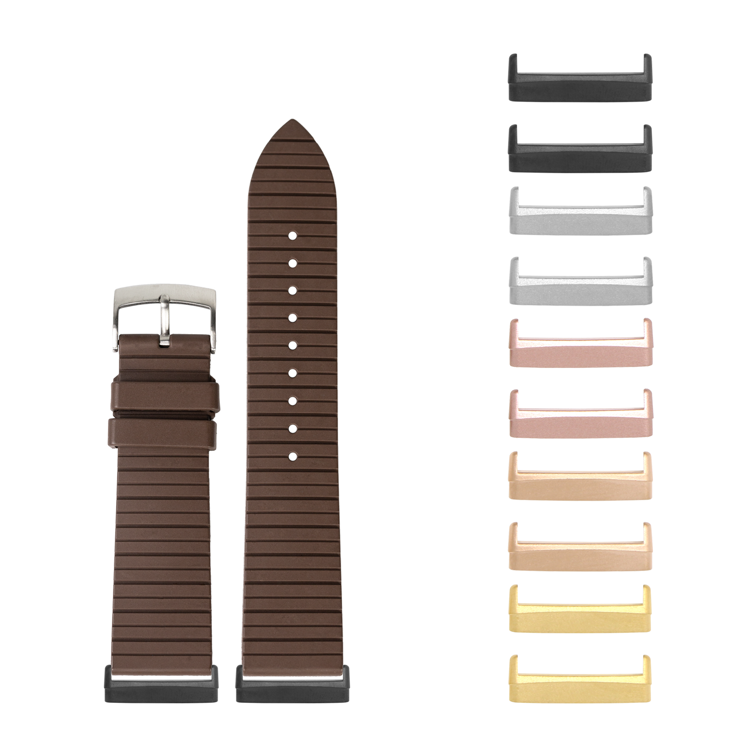 Brown FKM rubber watch band with interchangeable metal lugs in multiple colors for Fitbit Versa 3, Versa 4, Sense 1 and Sense 2