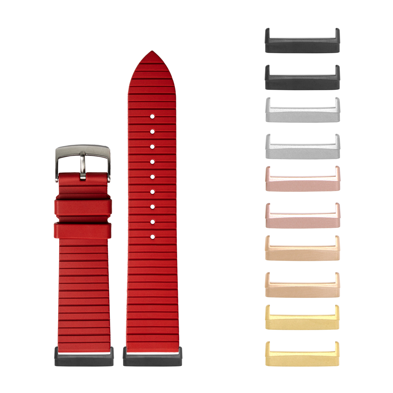Red ribbed silicone sports watch band with interchangeable metal case connectors in multiple colors for Fitbit Versa and Sense