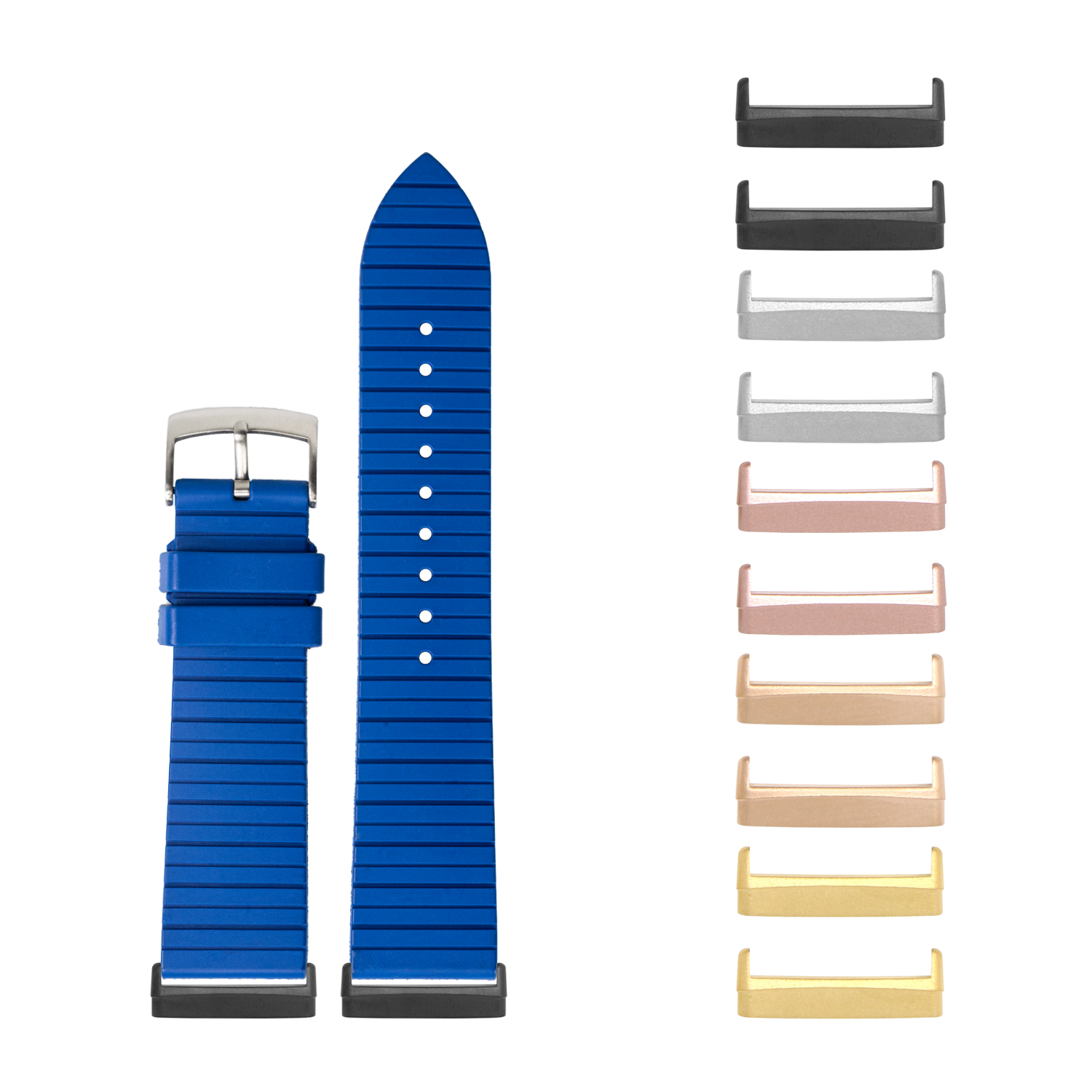 Blue ribbed FKM rubber watch band with stainless steel buckle and interchangeable color options including black, gray, rose gold, tan, and gold