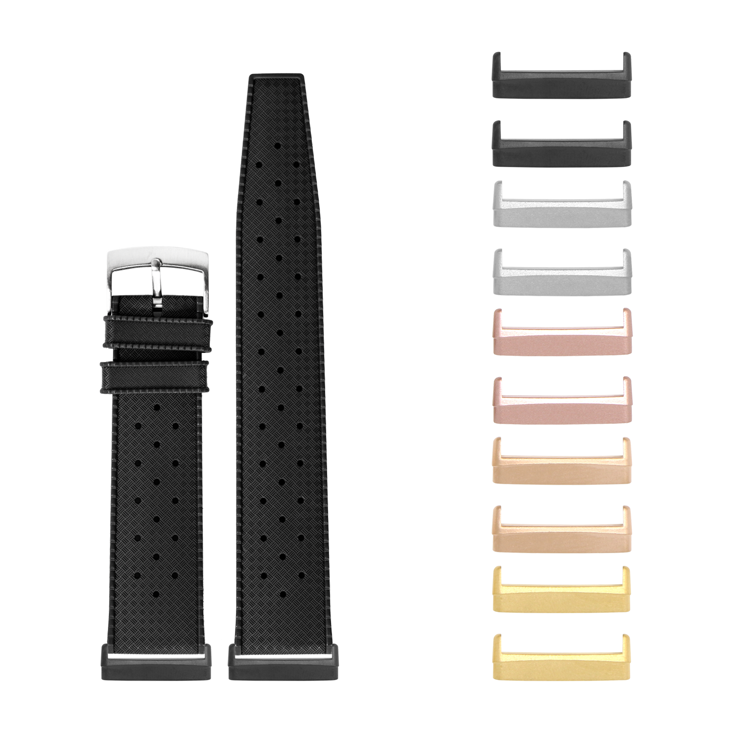 Black perforated rubber watch band with stainless steel buckle and interchangeable metal lugs in multiple finishes for Fitbit Versa and Sense smartwatches