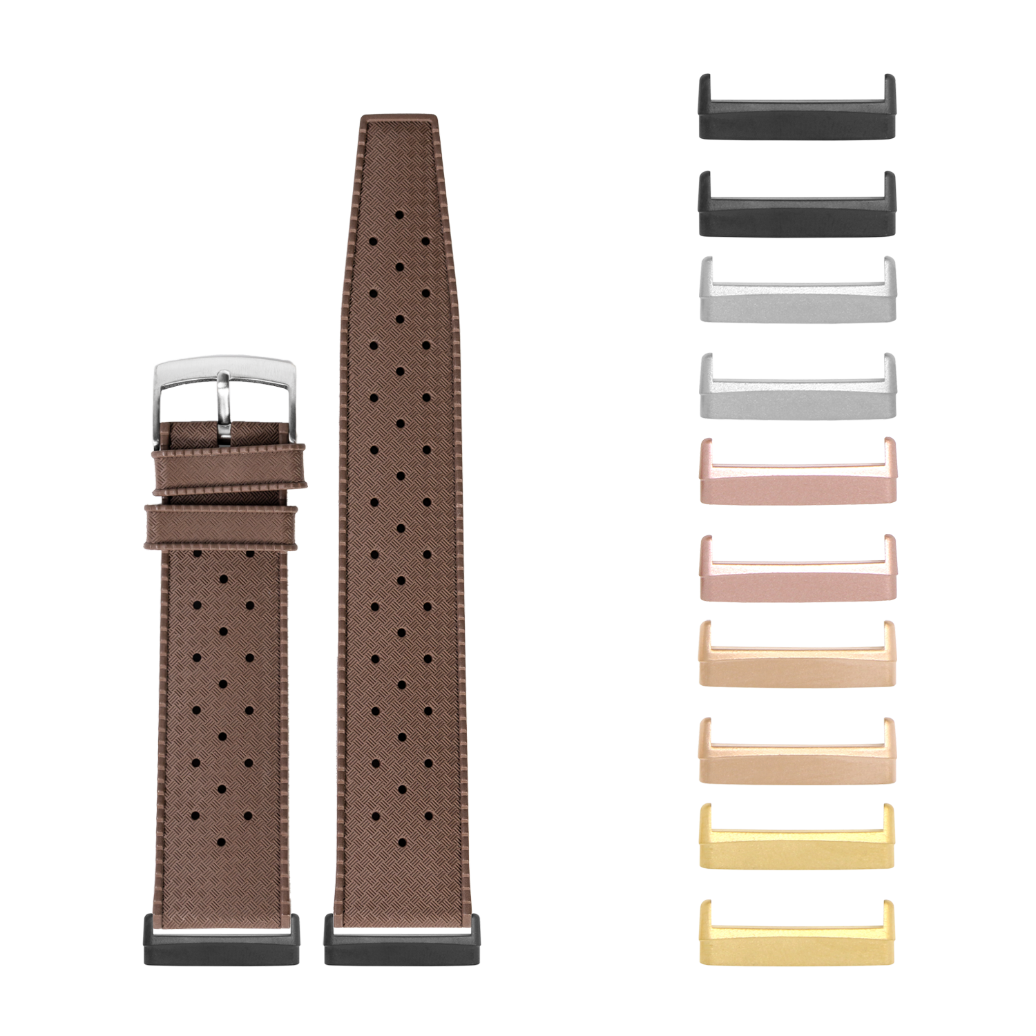 Brown perforated FKM rubber watch band with interchangeable metal lugs for Fitbit Versa and Sense smartwatches