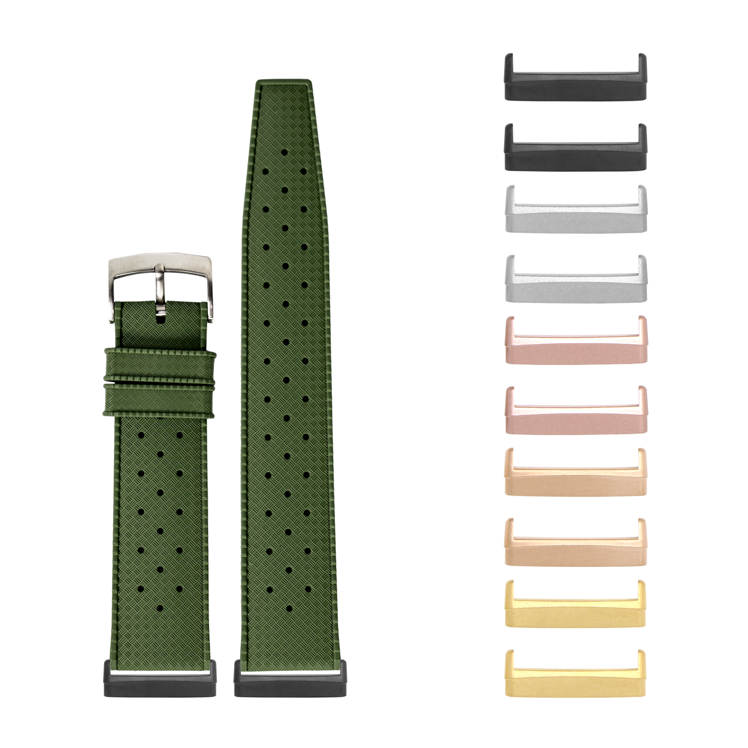 Green perforated FKM rubber watch band with interchangeable metal lugs in multiple finishes for Fitbit Versa and Sense smartwatches