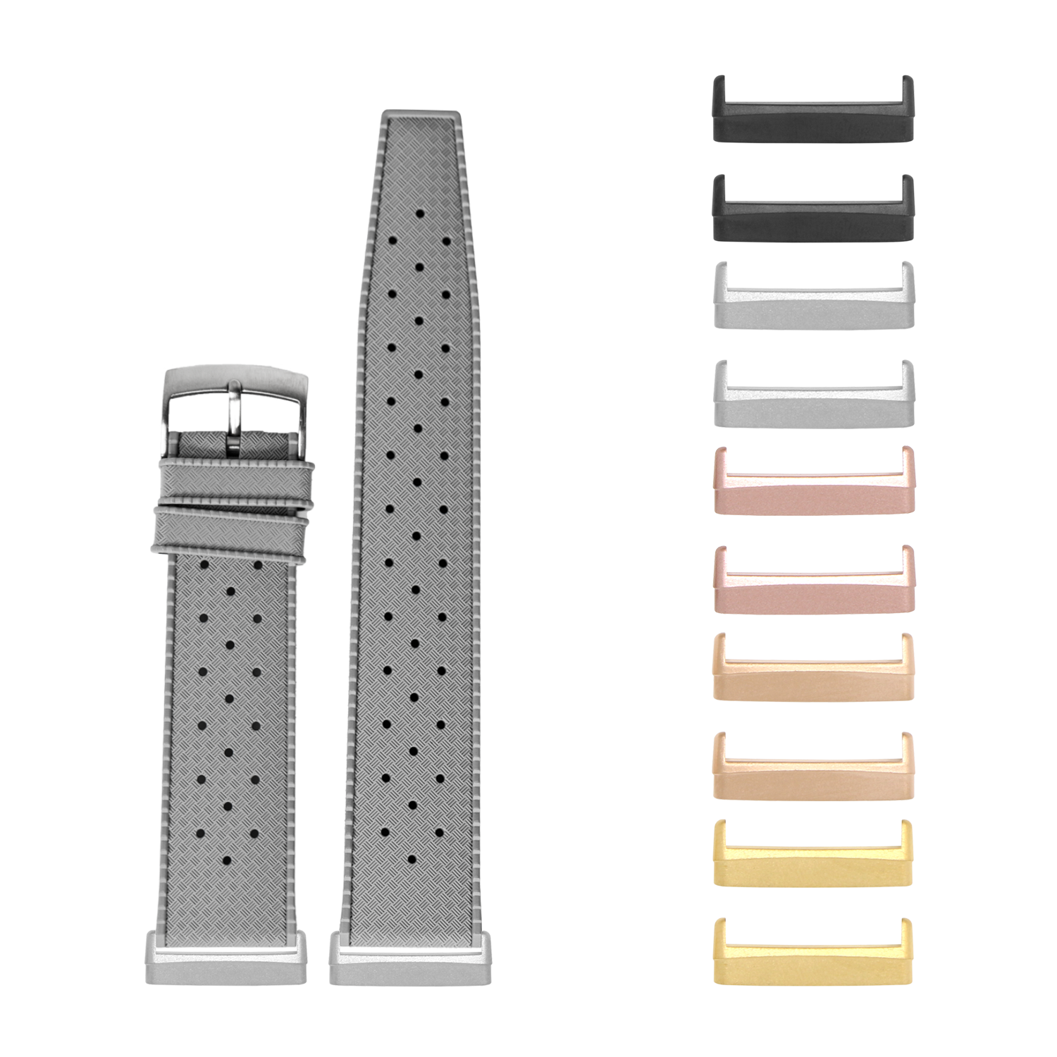 Grey perforated FKM rubber smartwatch band with matching buckle and interchangeable metal bezels in multiple colors for Fitbit Versa and Sense models