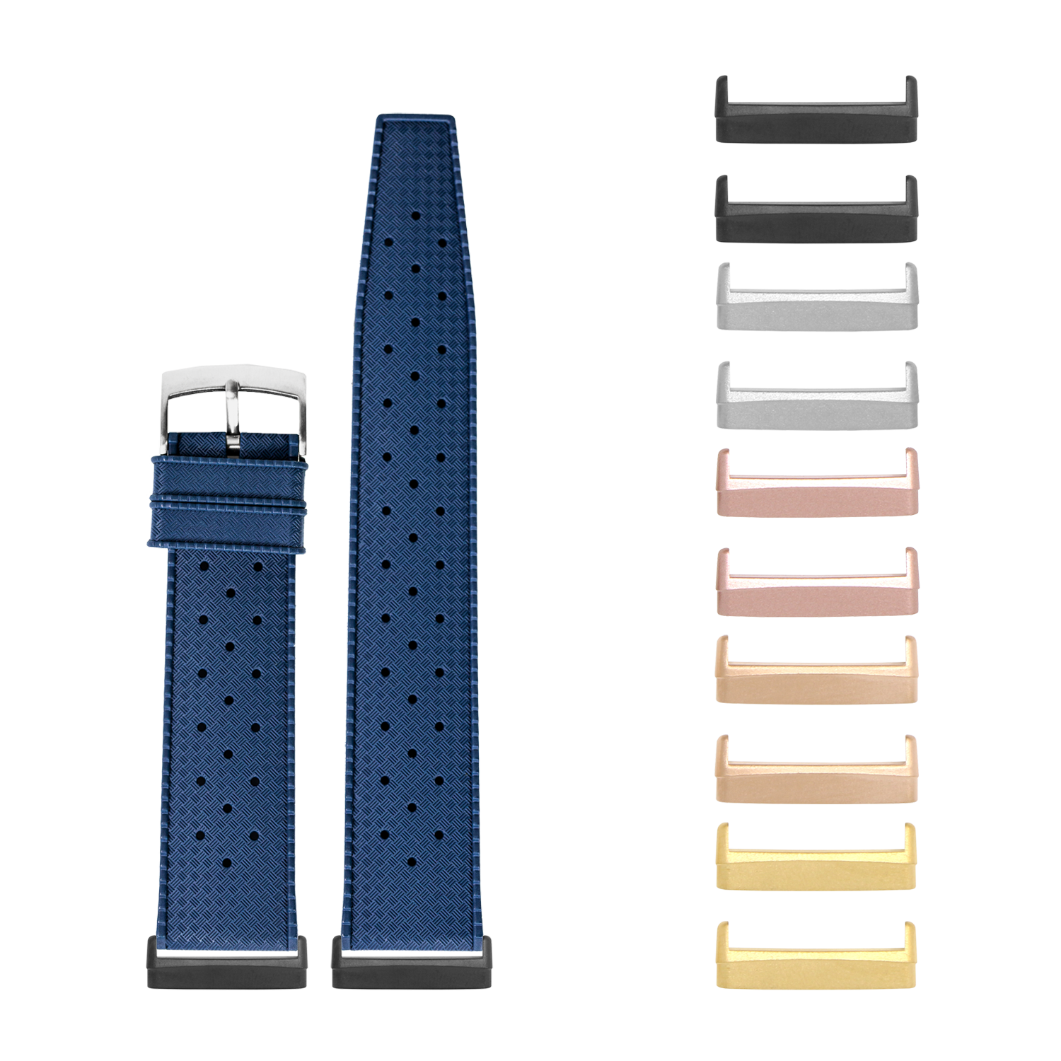 Navy blue perforated FKM rubber smartwatch band with interchangeable metal lugs in multiple color options for Fitbit Versa and Sense