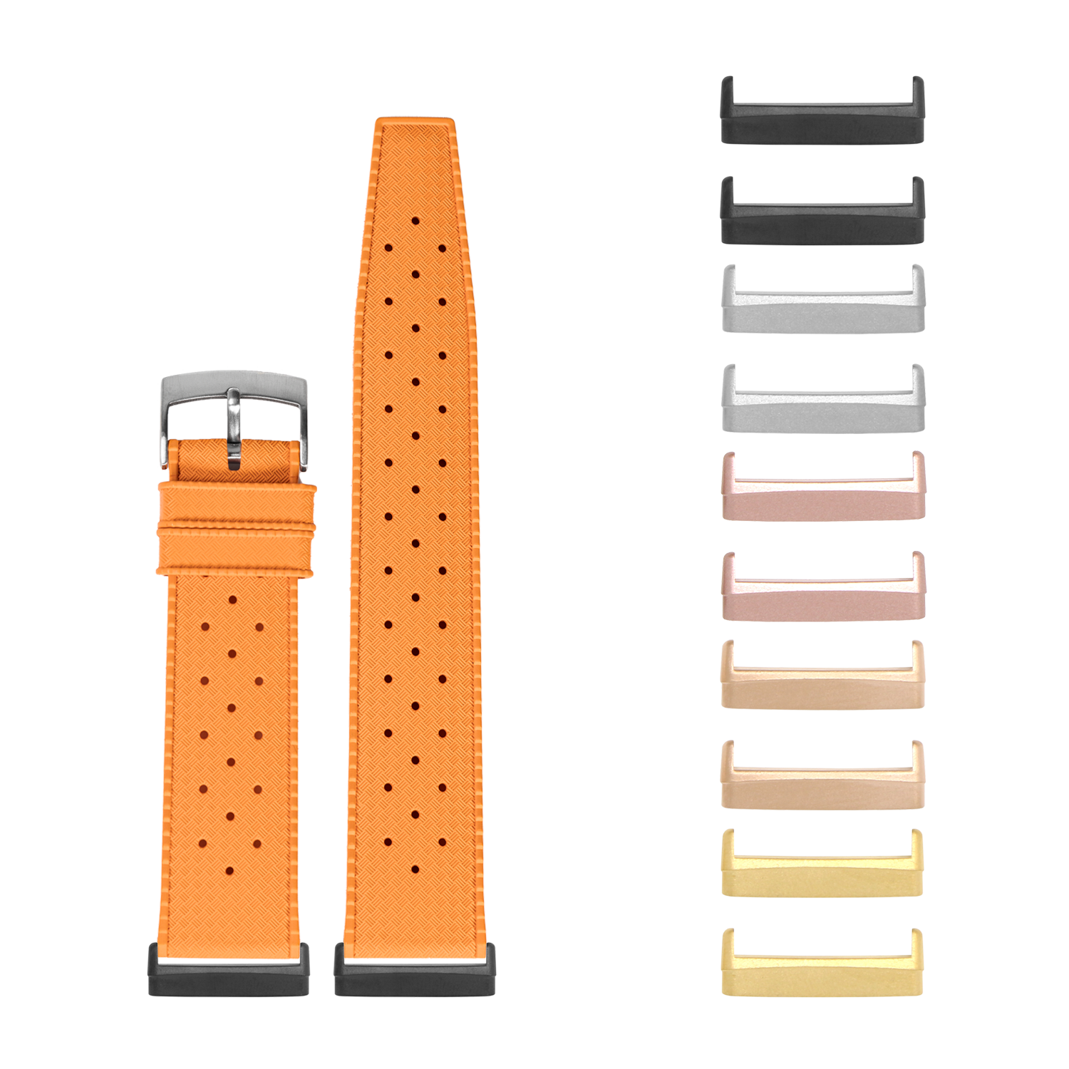 Orange perforated FKM rubber watch band with interchangeable metal lugs in multiple finishes for Fitbit Versa and Sense