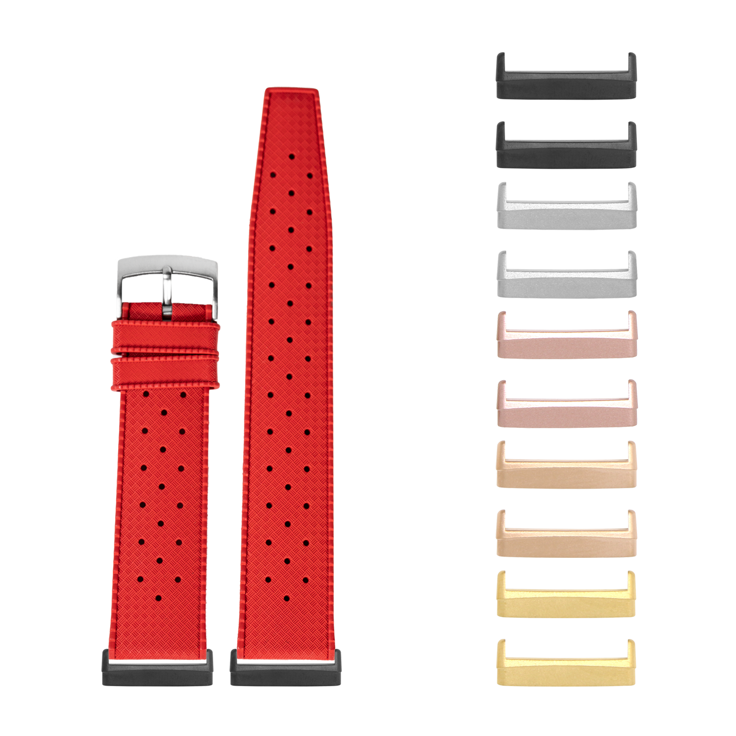 Red perforated FKM rubber smartwatch band with interchangeable metal lugs in multiple color options for Fitbit Versa and Sense