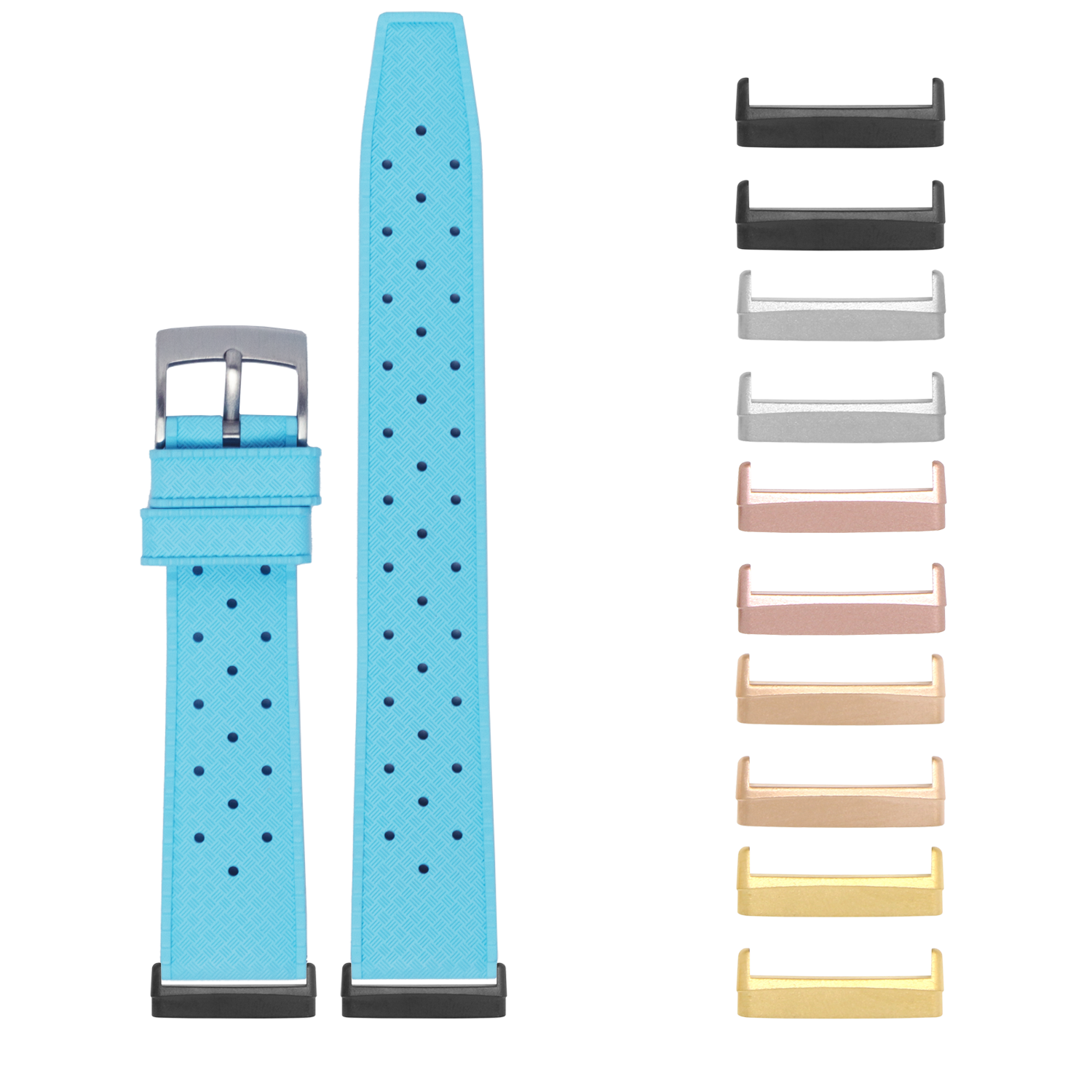 Sky blue perforated FKM rubber watch band with gray buckle and interchangeable metal lugs in multiple colors for Fitbit Versa and Sense watches