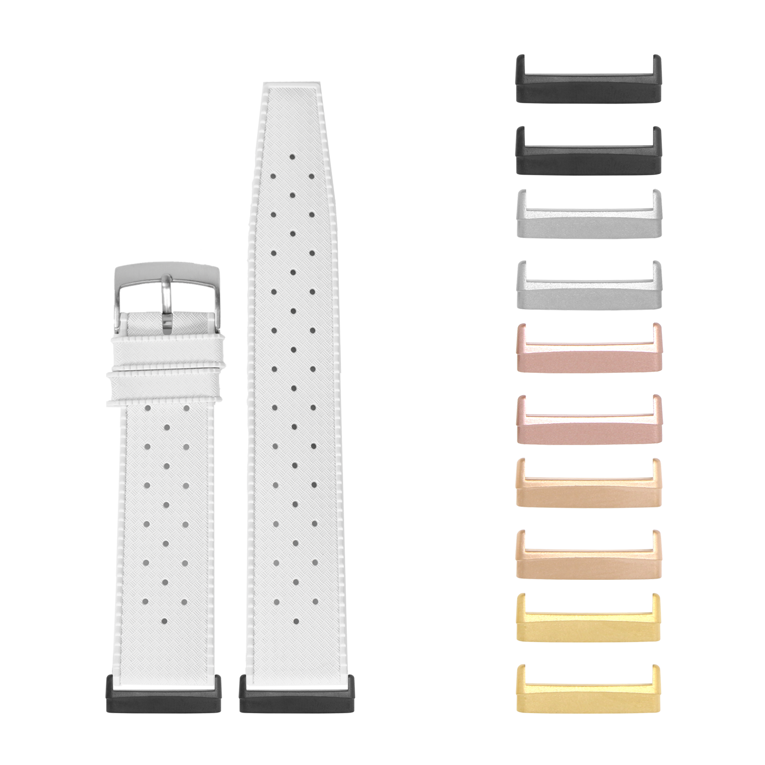 White perforated FKM rubber smartwatch band with gray buckle and interchangeable metal lugs in multiple color options