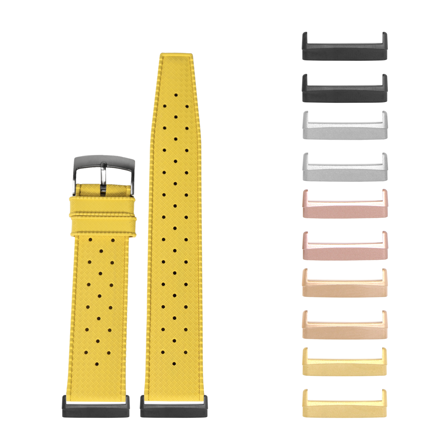 Yellow perforated FKM rubber smartwatch band with gray buckle and interchangeable metal lugs in multiple colors