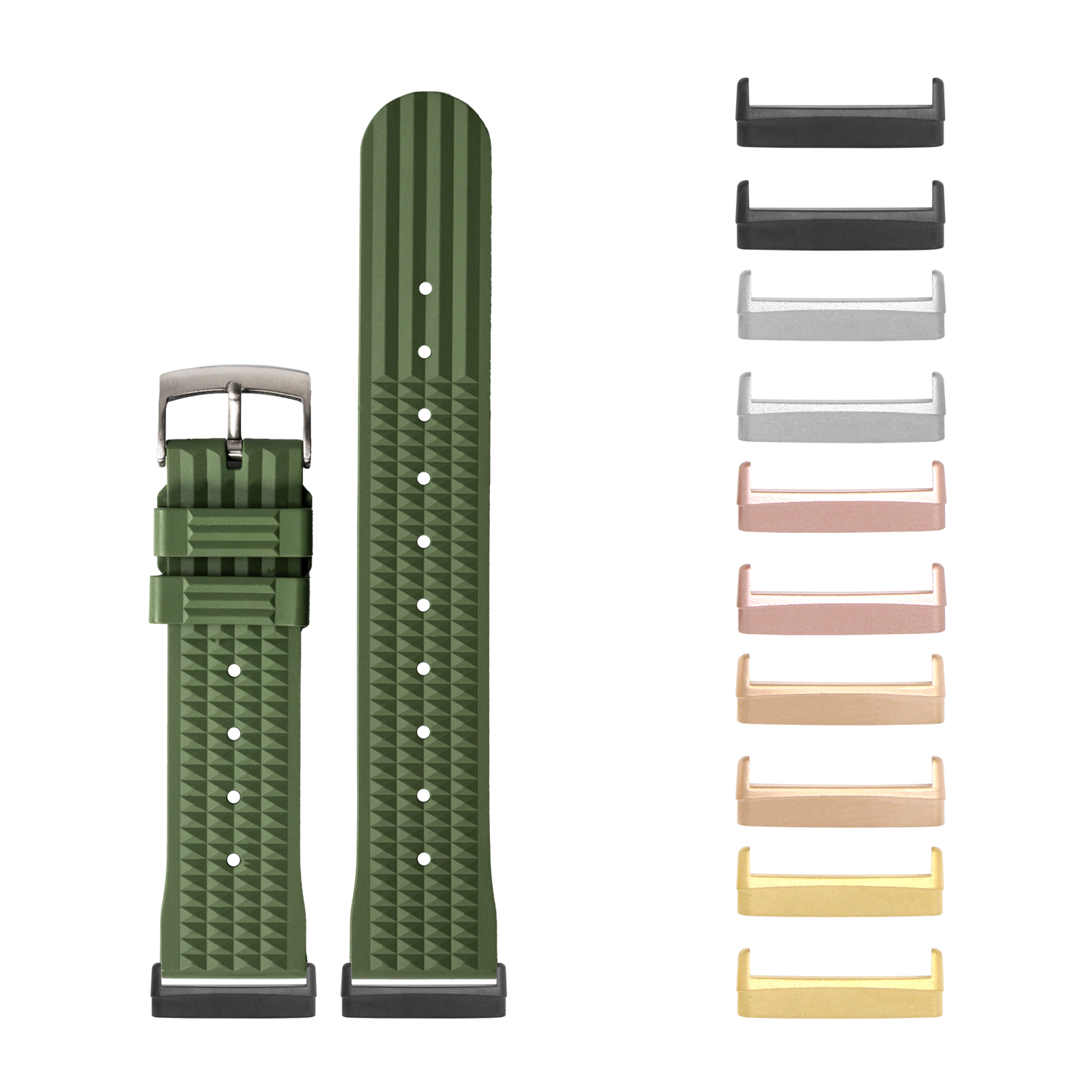 Olive green waffle-textured FKM rubber watch band with stainless steel buckle and matching interchangeable metal lugs in multiple colors