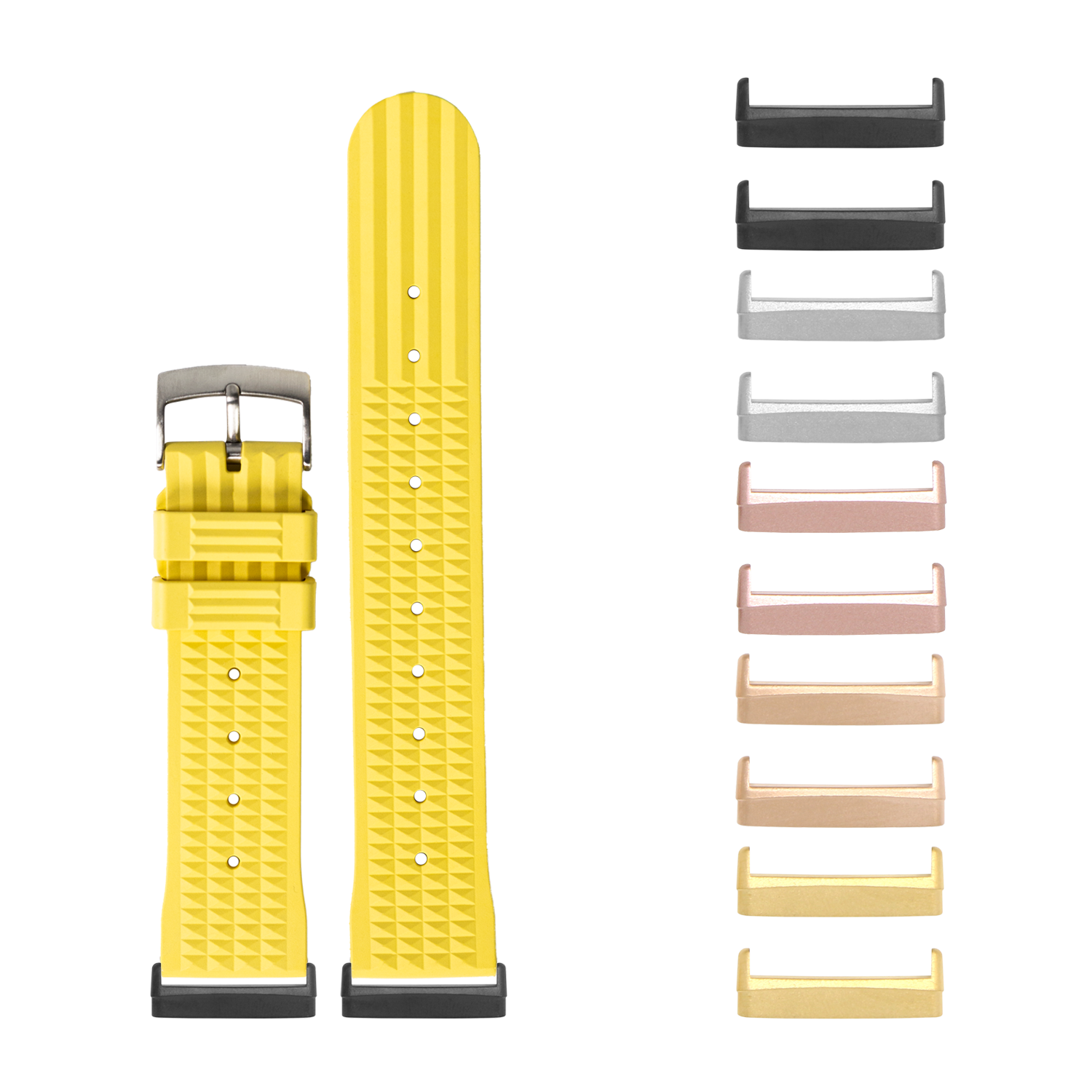Yellow textured FKM rubber watch band with stainless steel buckle and interchangeable metal lugs in multiple colors