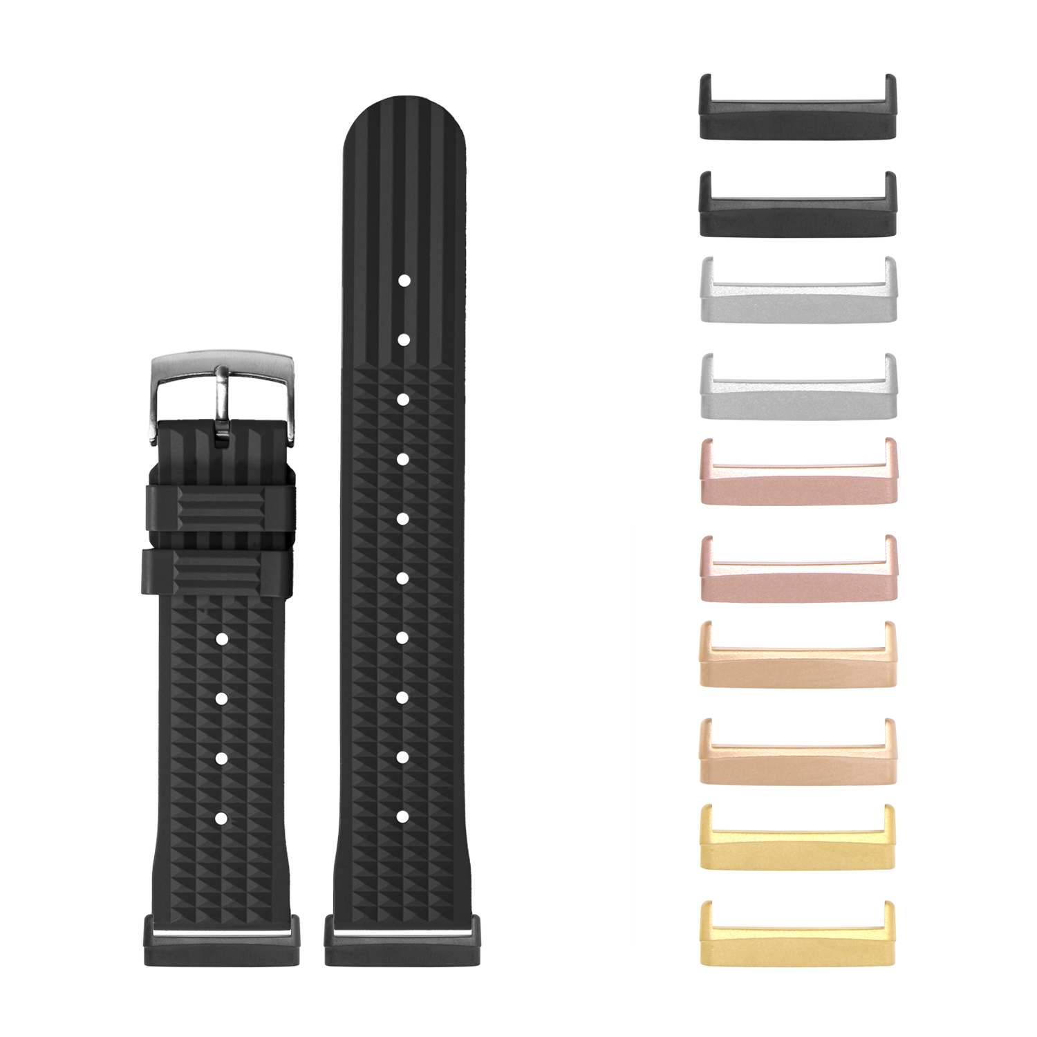 Black textured FKM rubber watch band with interchangeable metal lugs in multiple finish options for Fitbit Versa and Sense smartwatches